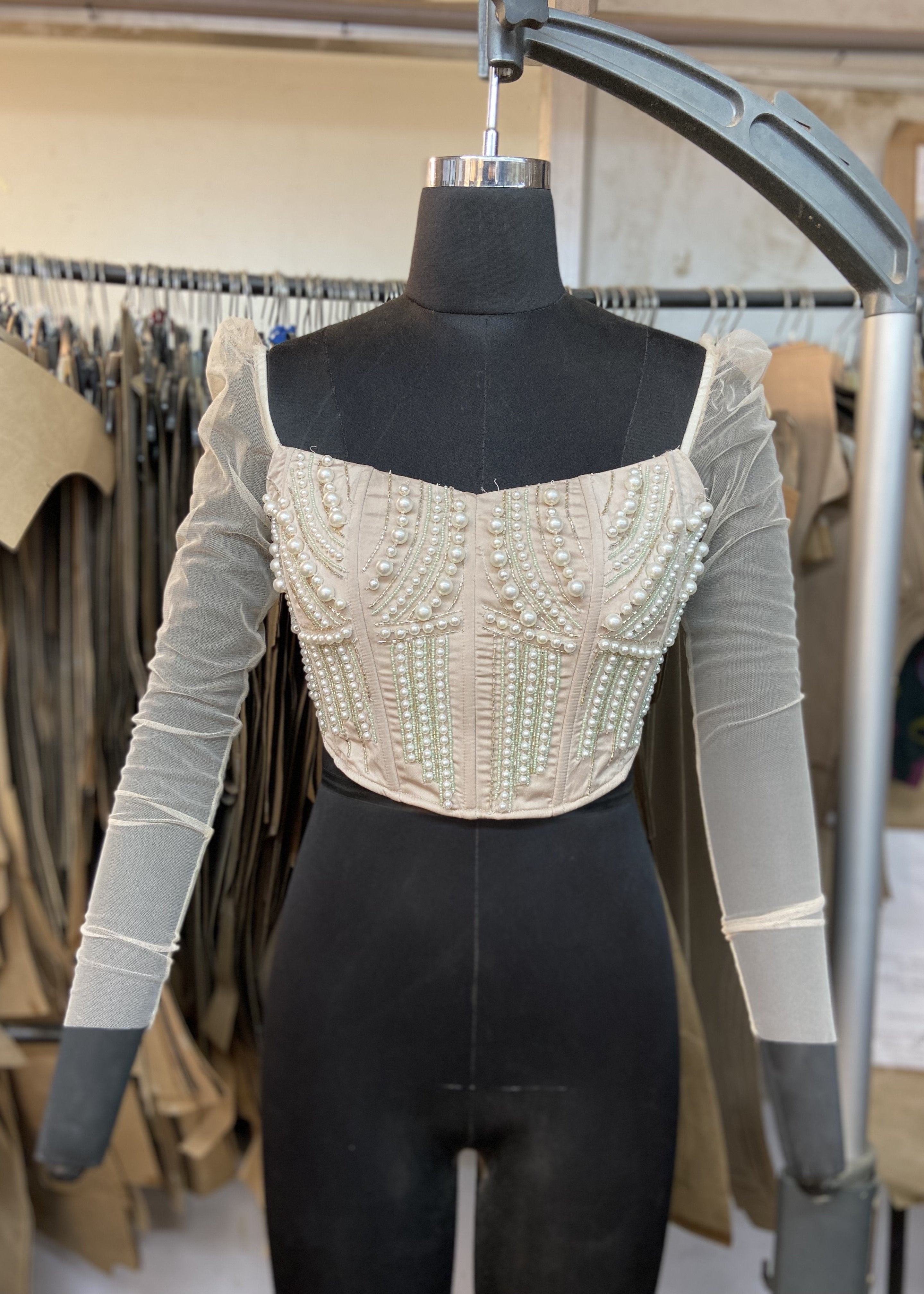 Leila Long Mesh Sleeve Hand Embroidered Corset Blouse