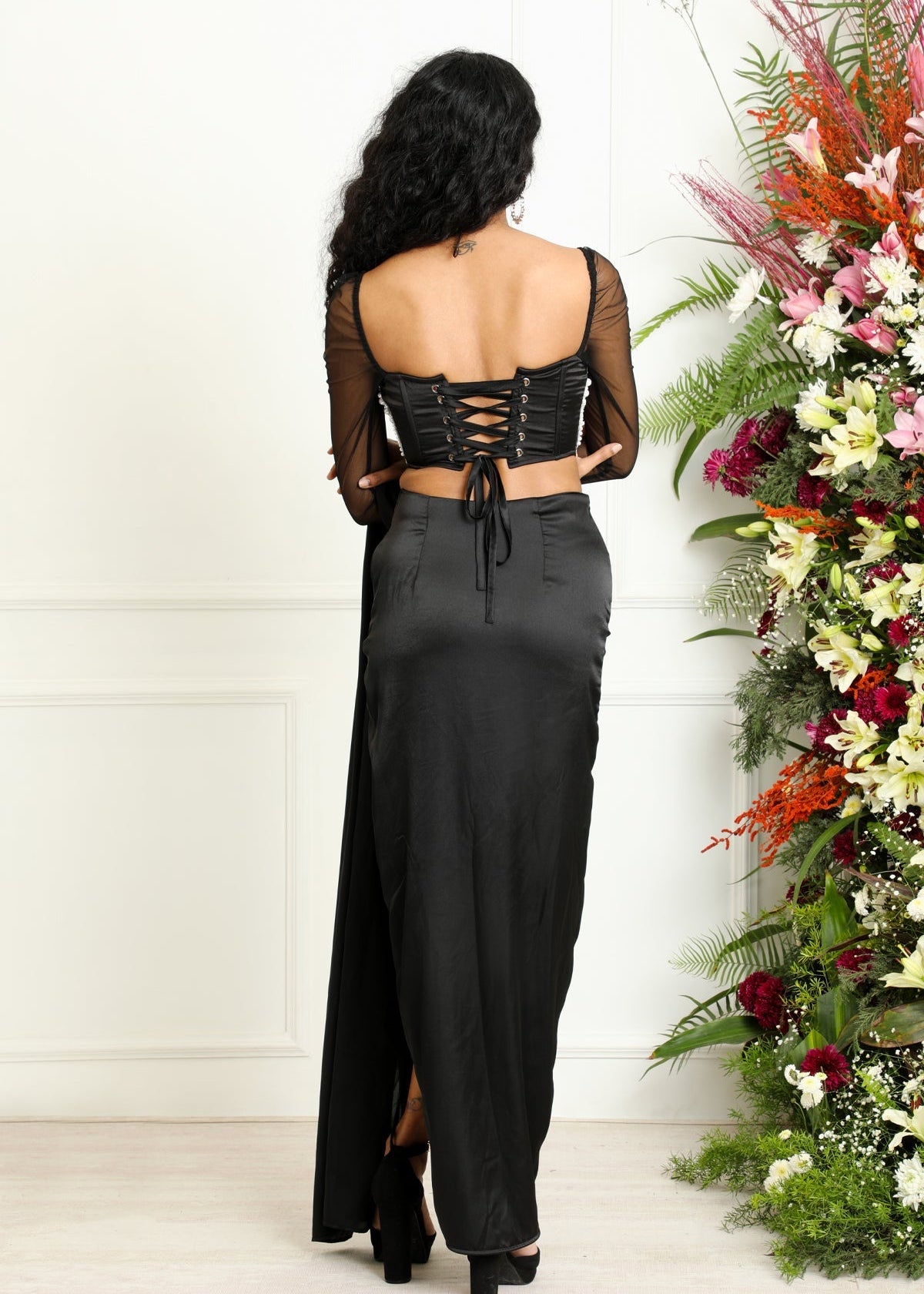 Leila Long Mesh Sleeve Hand Embroidered Corset Blouse