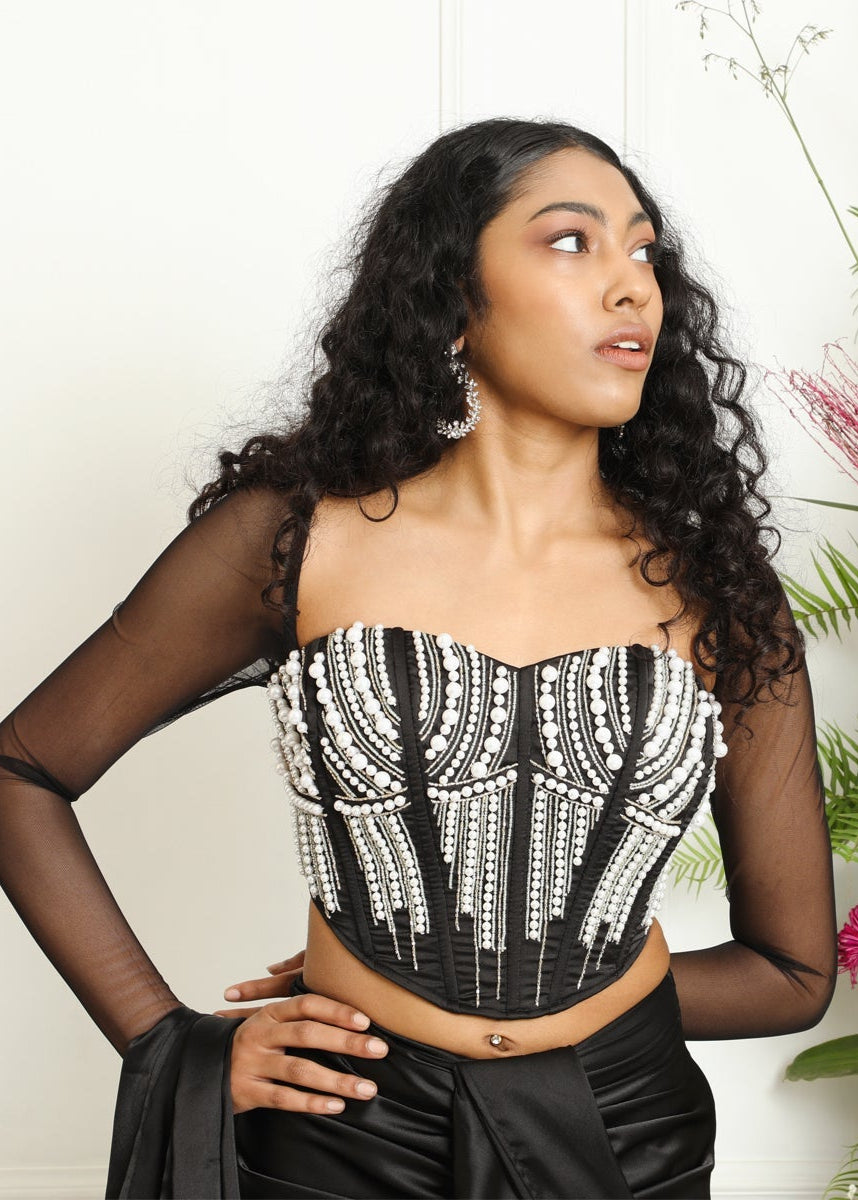 Leila Long Mesh Sleeve Hand Embroidered Corset Blouse