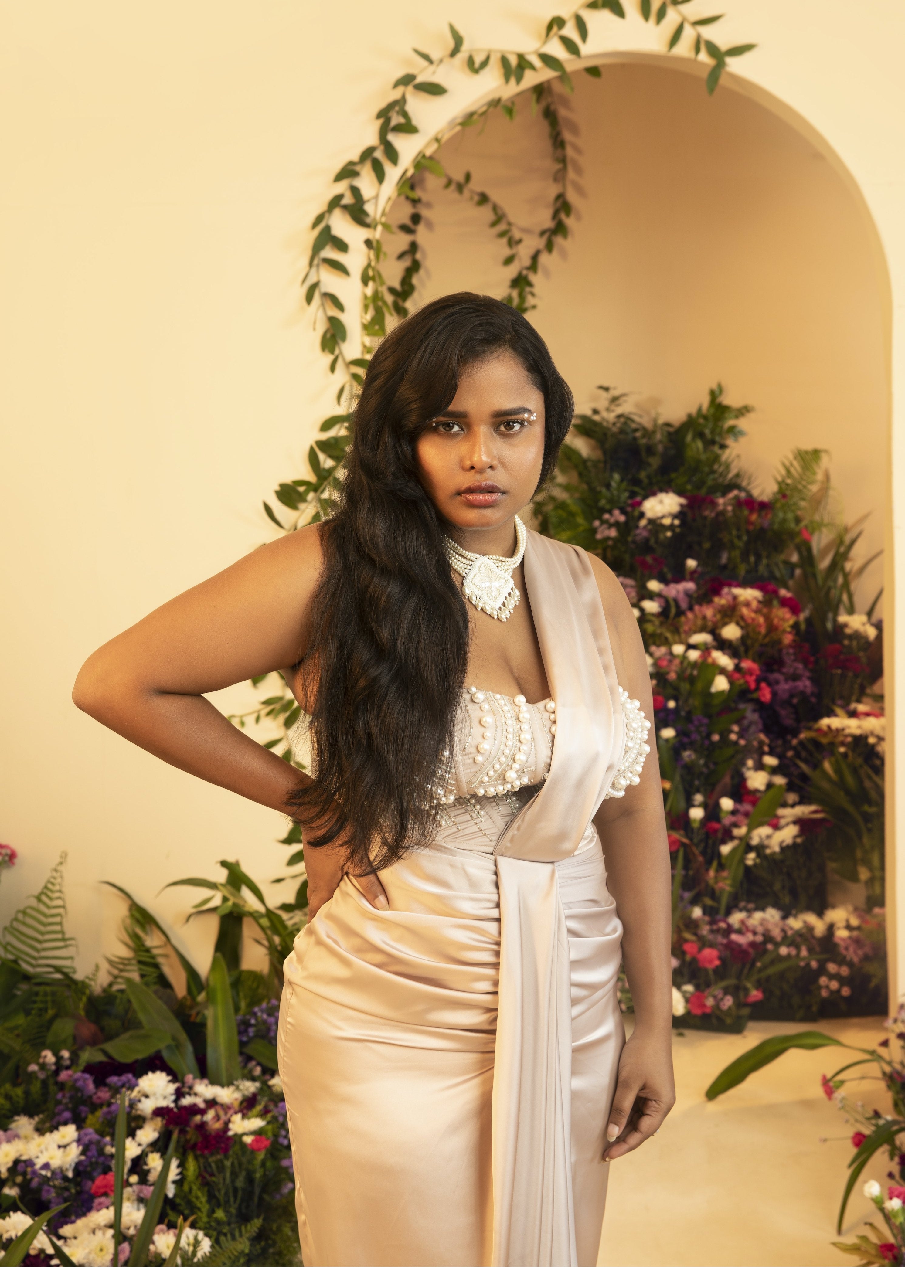 Leila Long Mesh Sleeve Hand Embroidered Corset Blouse