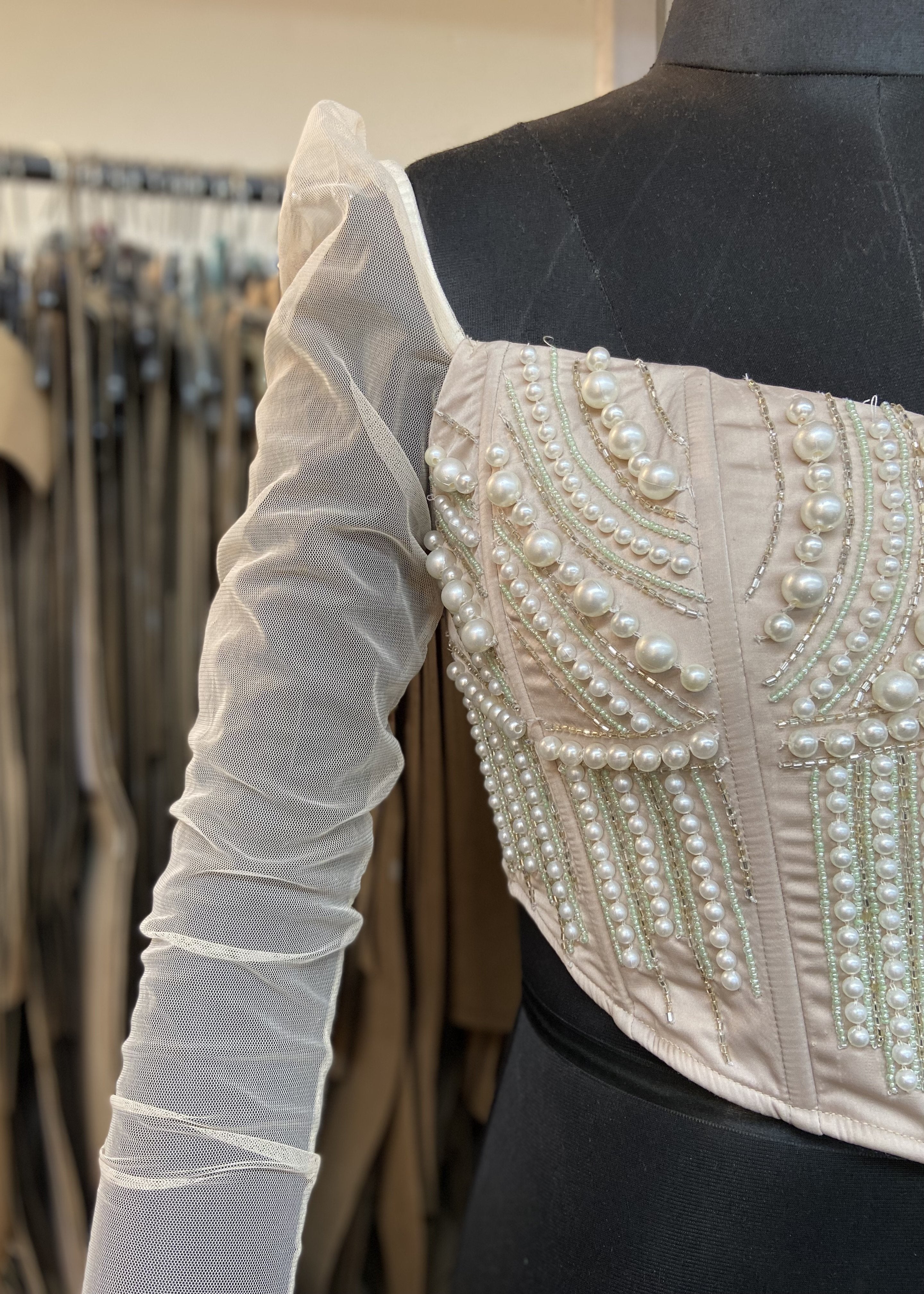 Leila Long Mesh Sleeve Hand Embroidered Corset Blouse