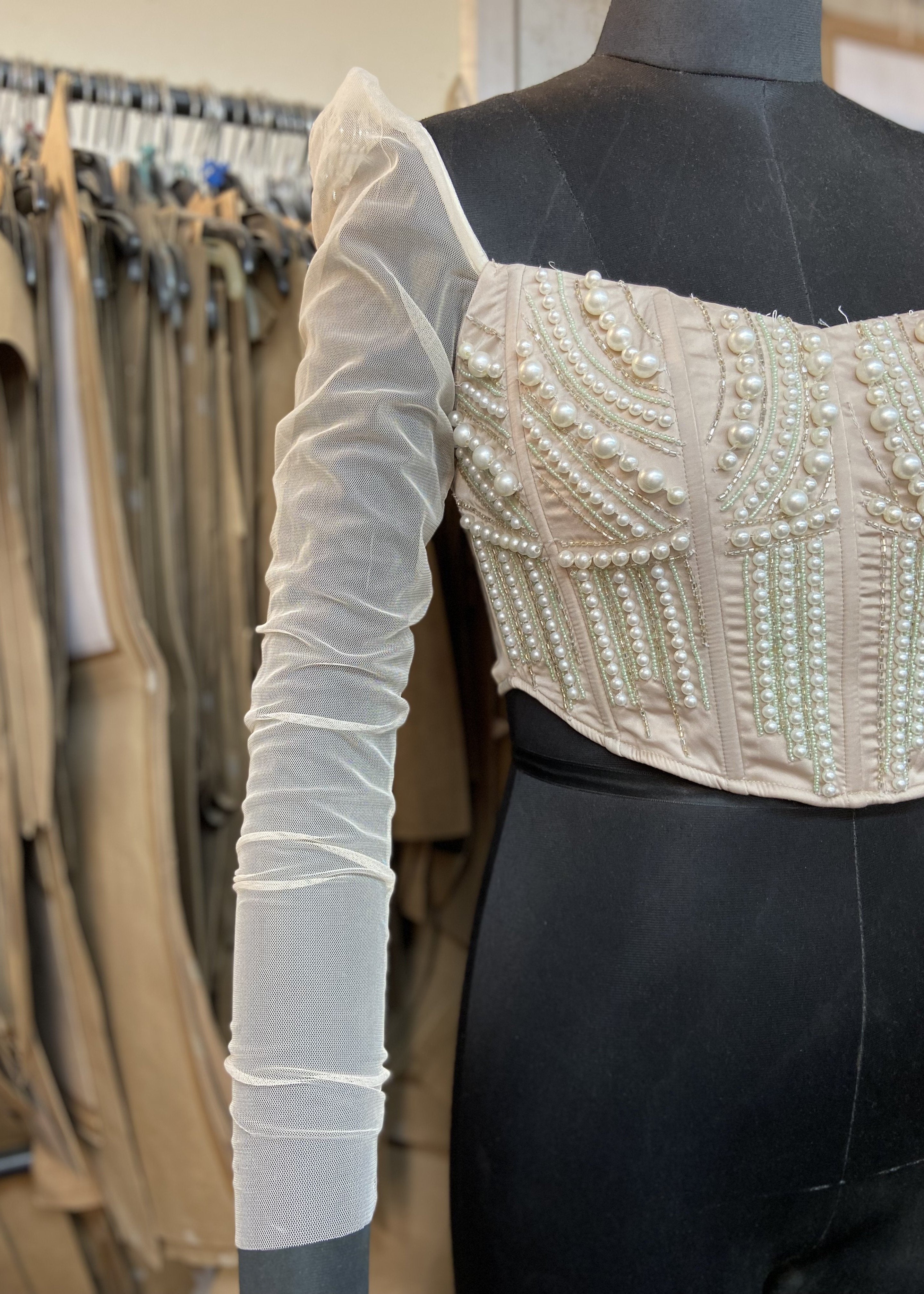 Leila Long Mesh Sleeve Hand Embroidered Corset Blouse