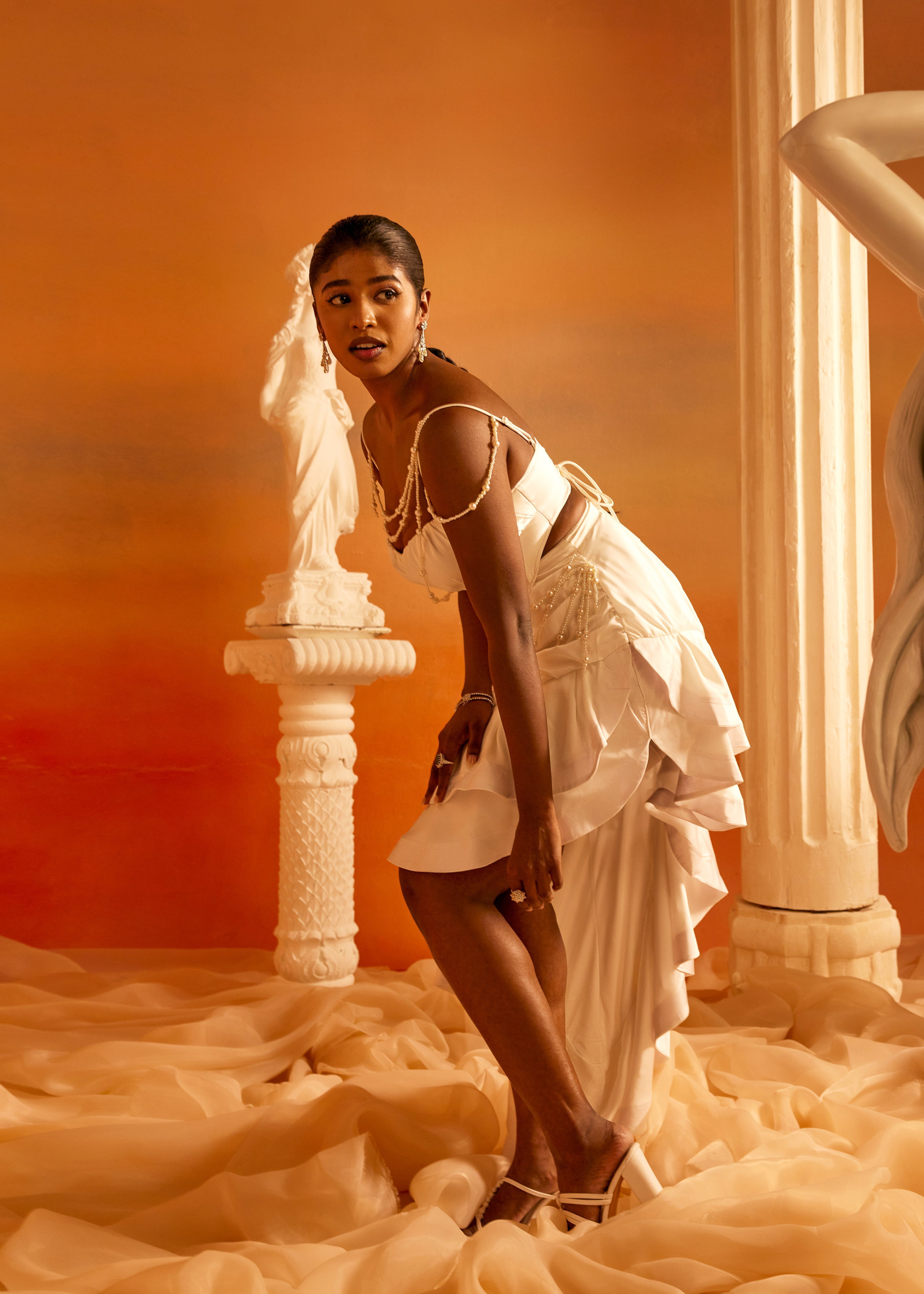 Linea White Satin and Pearl Embroidered Corset Set with luxurious satin fabric and delicate pearl embroidery