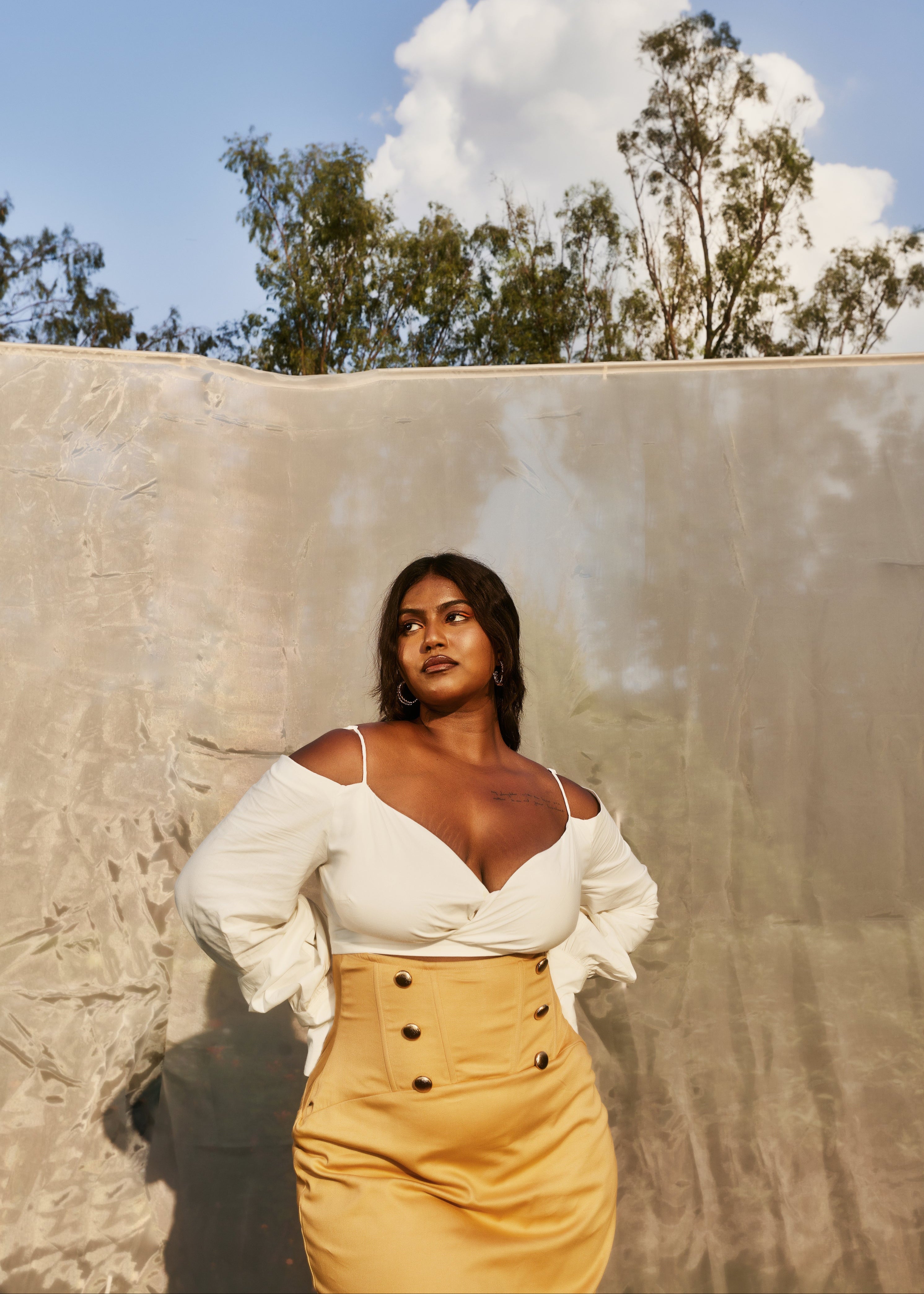 White Shirt and Tan Skirt Set