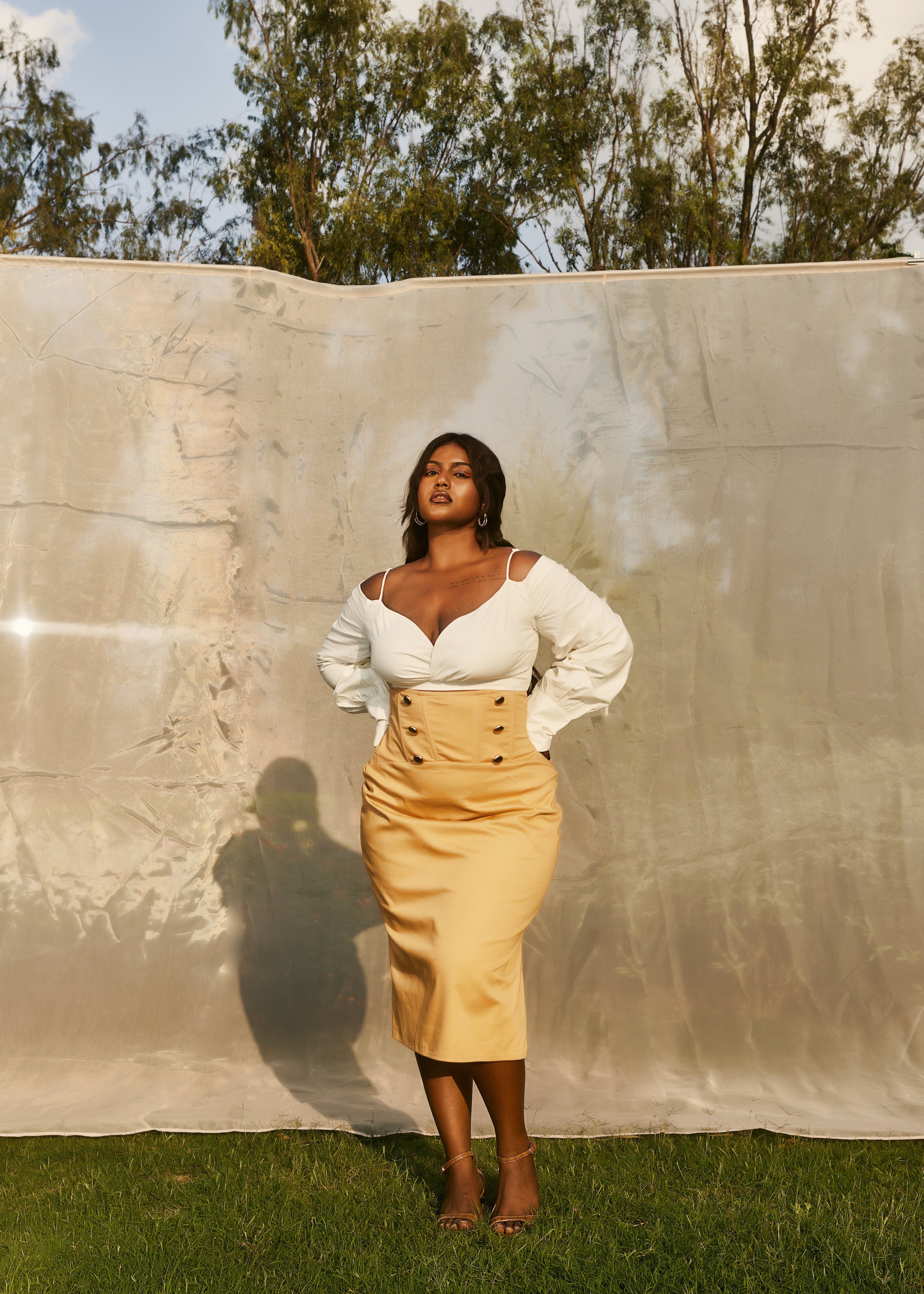 White Shirt and Tan Skirt Set