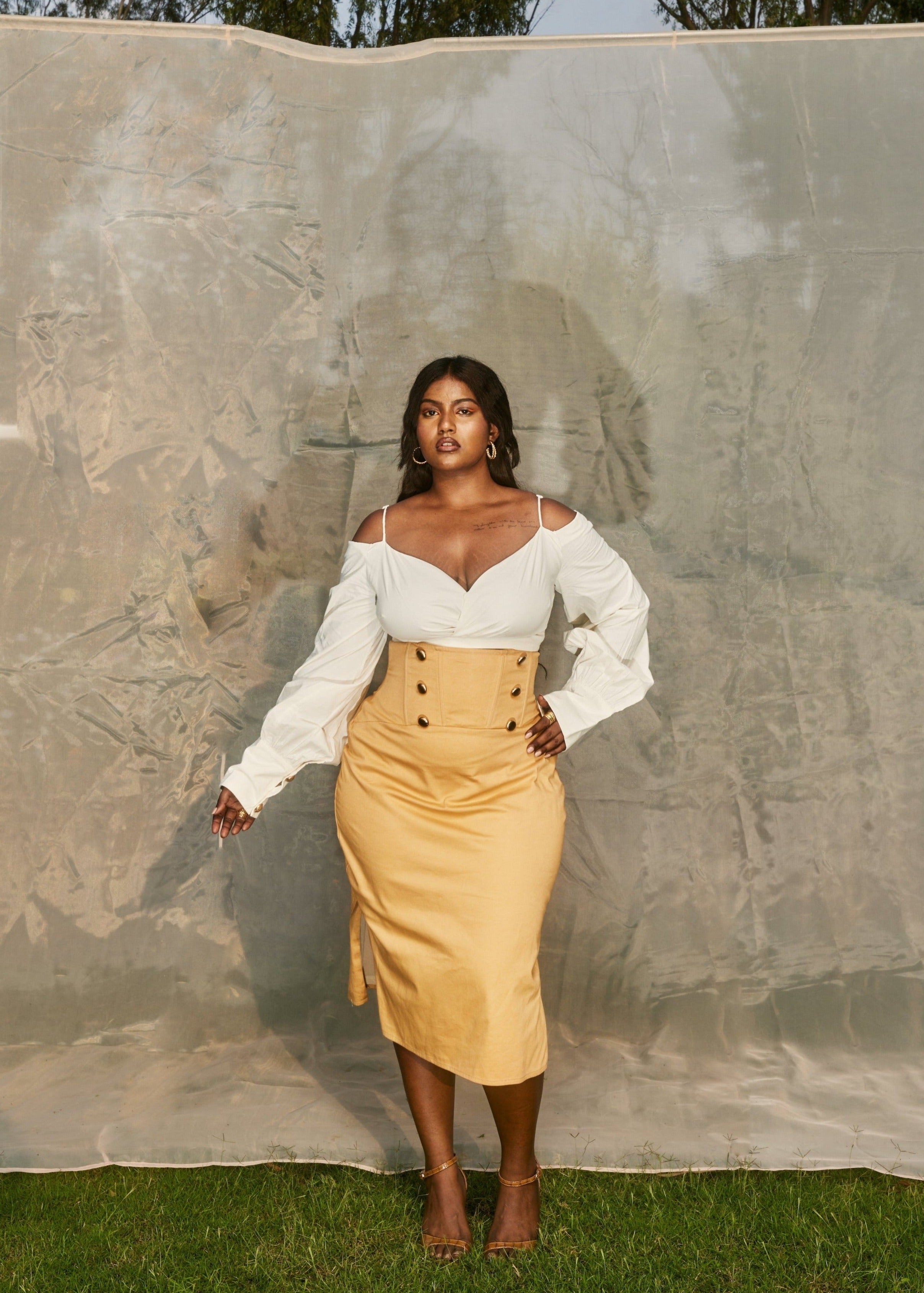 White Shirt and Tan Skirt Set