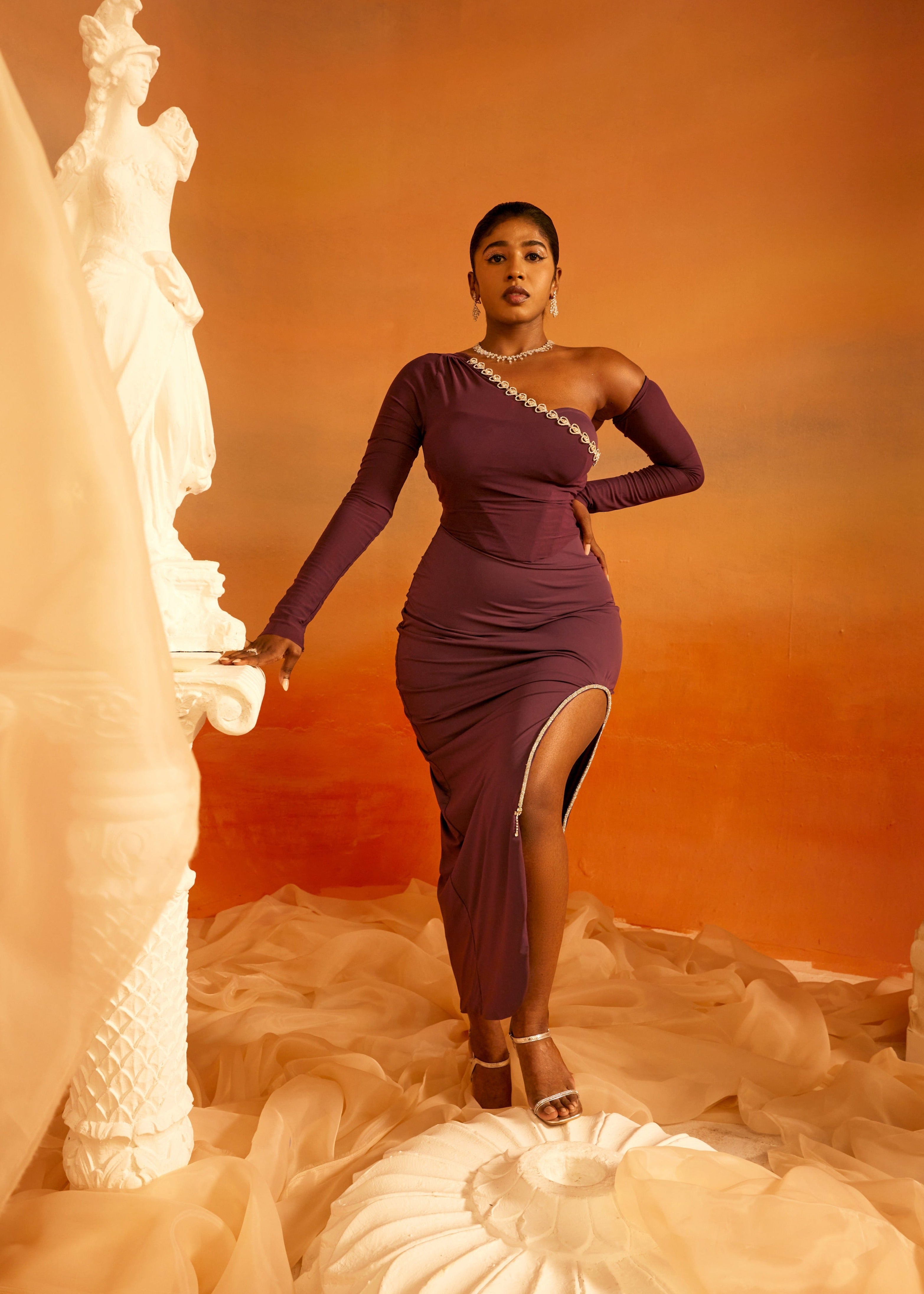 Purple one shoulder maxi with slit