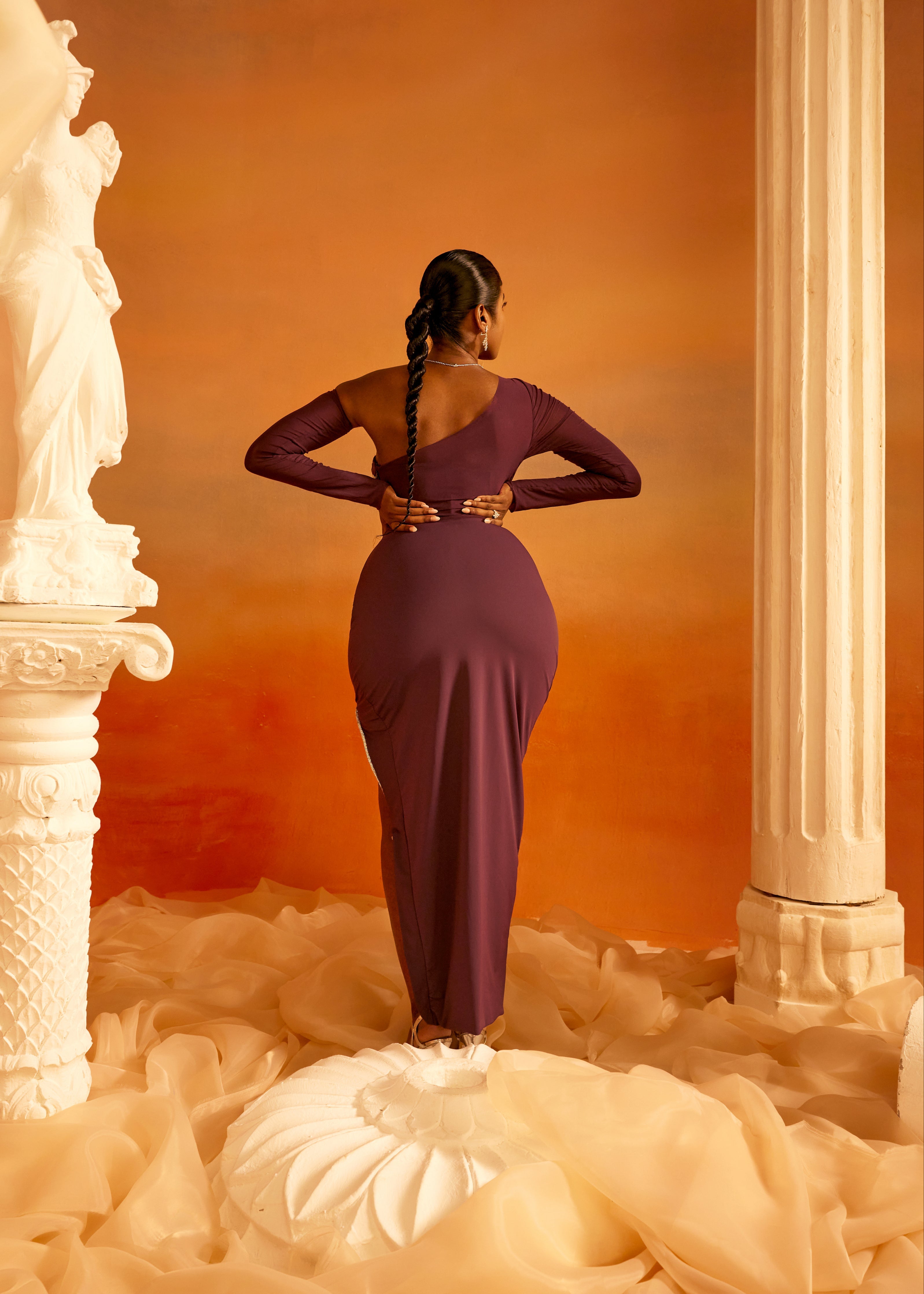 Purple one shoulder maxi with slit