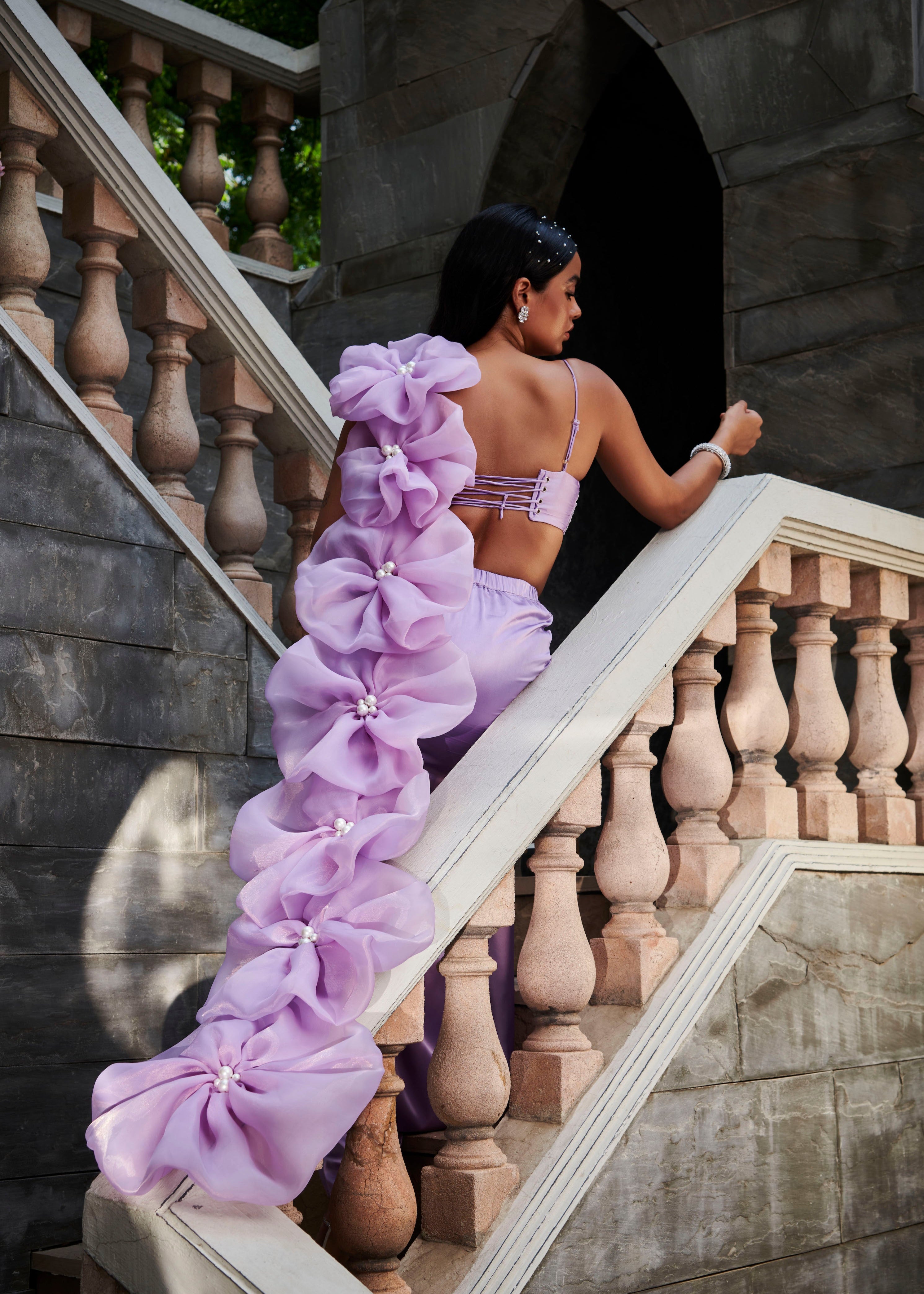 Lavender Satin + Organza Saree Set