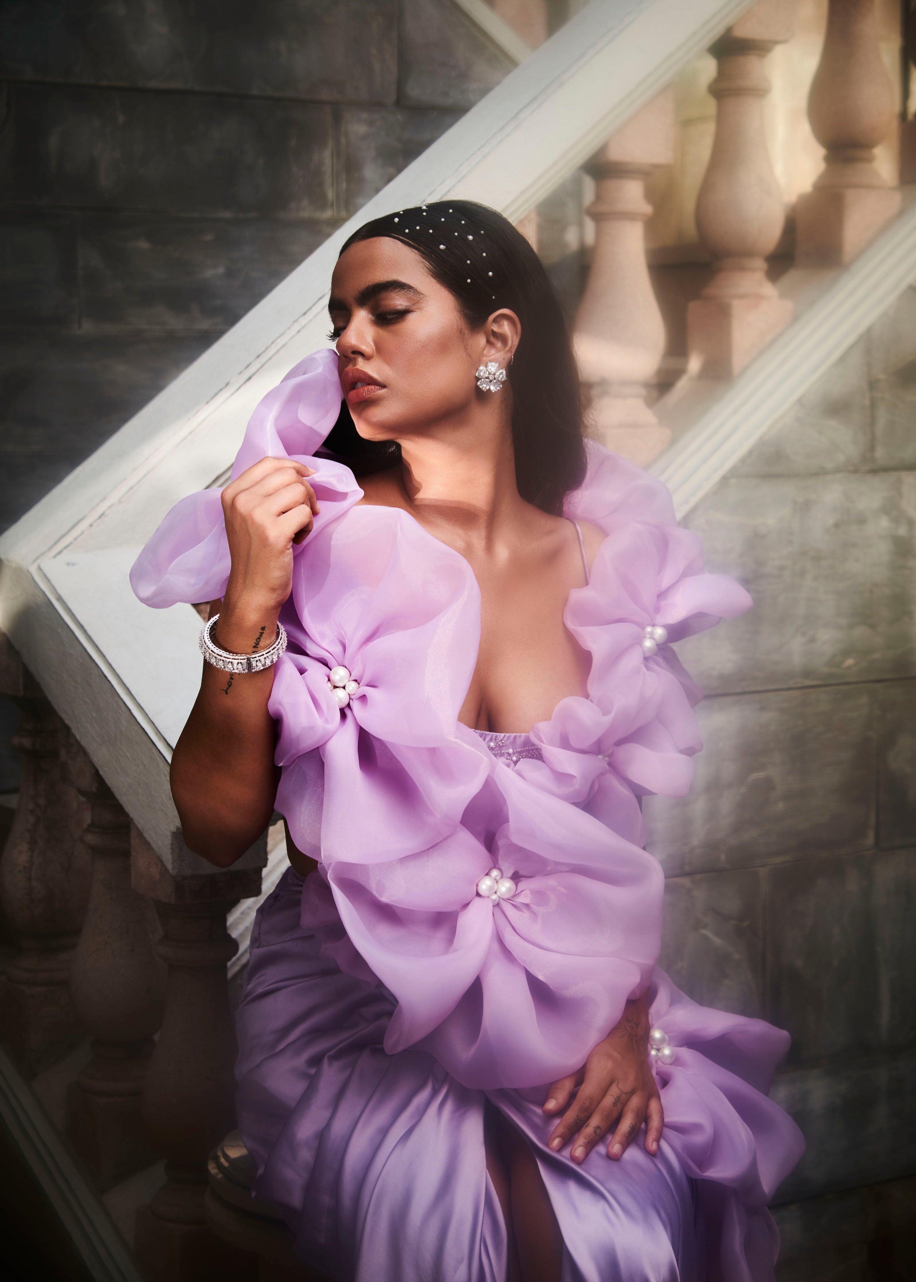 Lavender Satin + Organza Saree Set