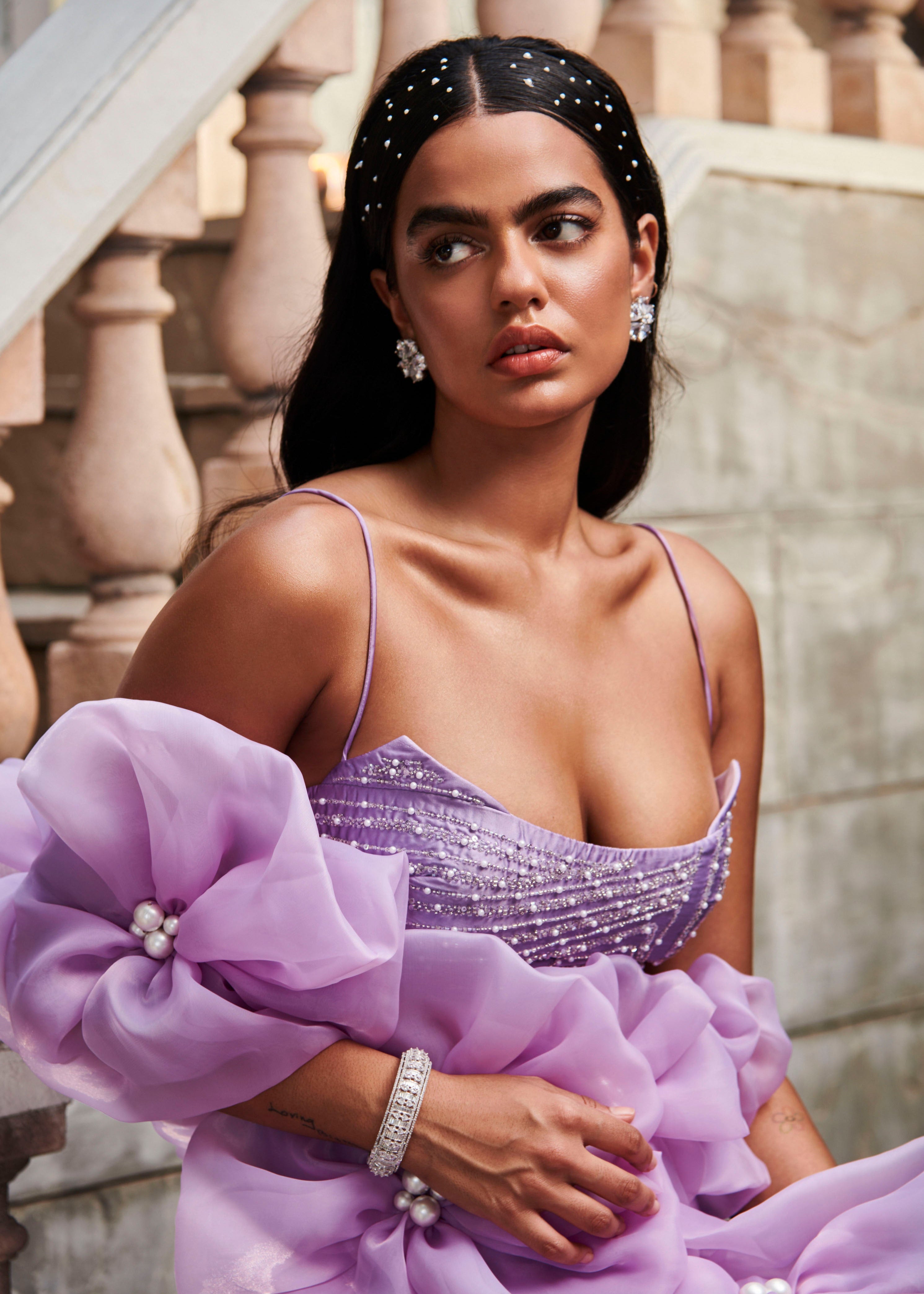 Lavender Satin + Organza Saree Set