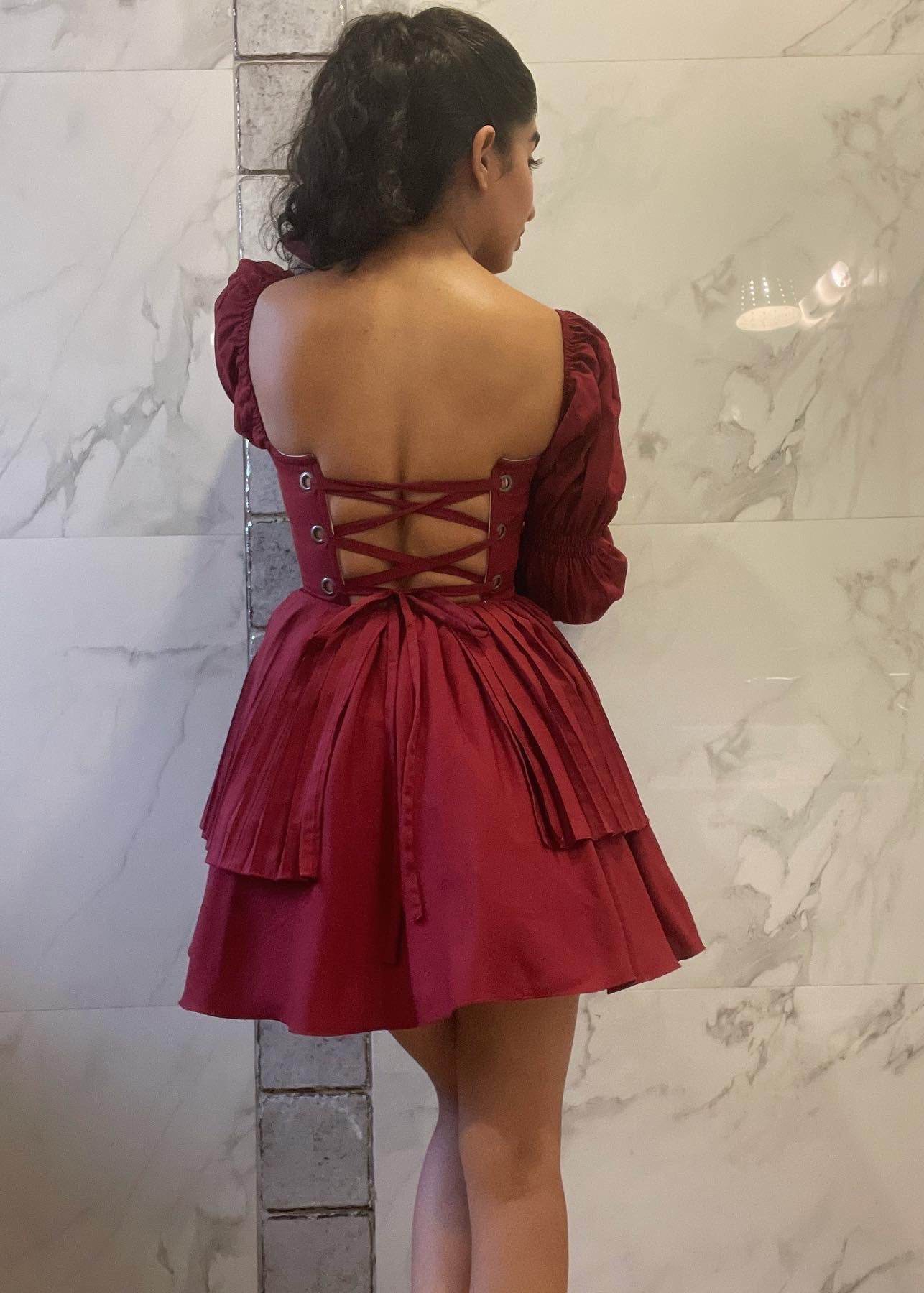 Pixie Burgundy Puff Corset Dress