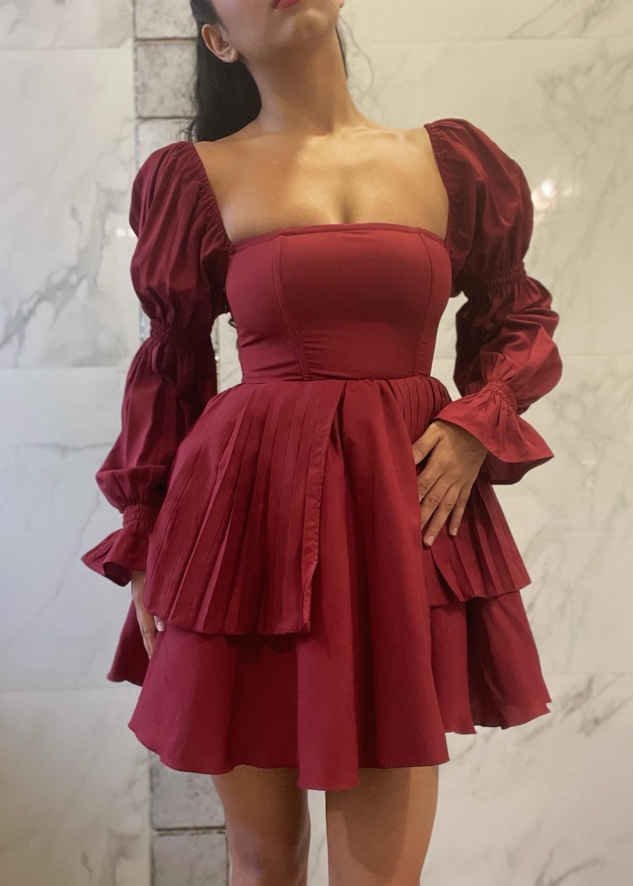 Pixie Burgundy Puff Corset Dress