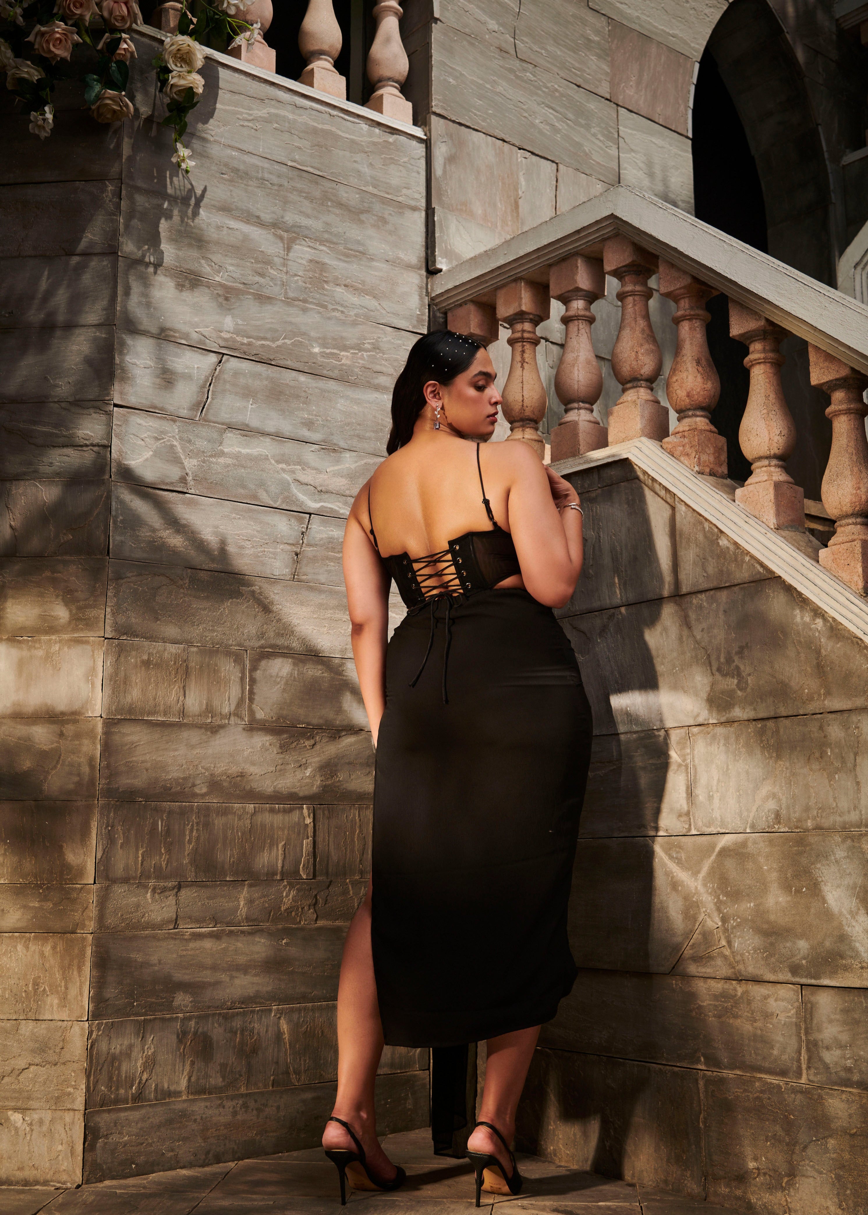 Renata Black Hand-Embroidered Corset Coord Set