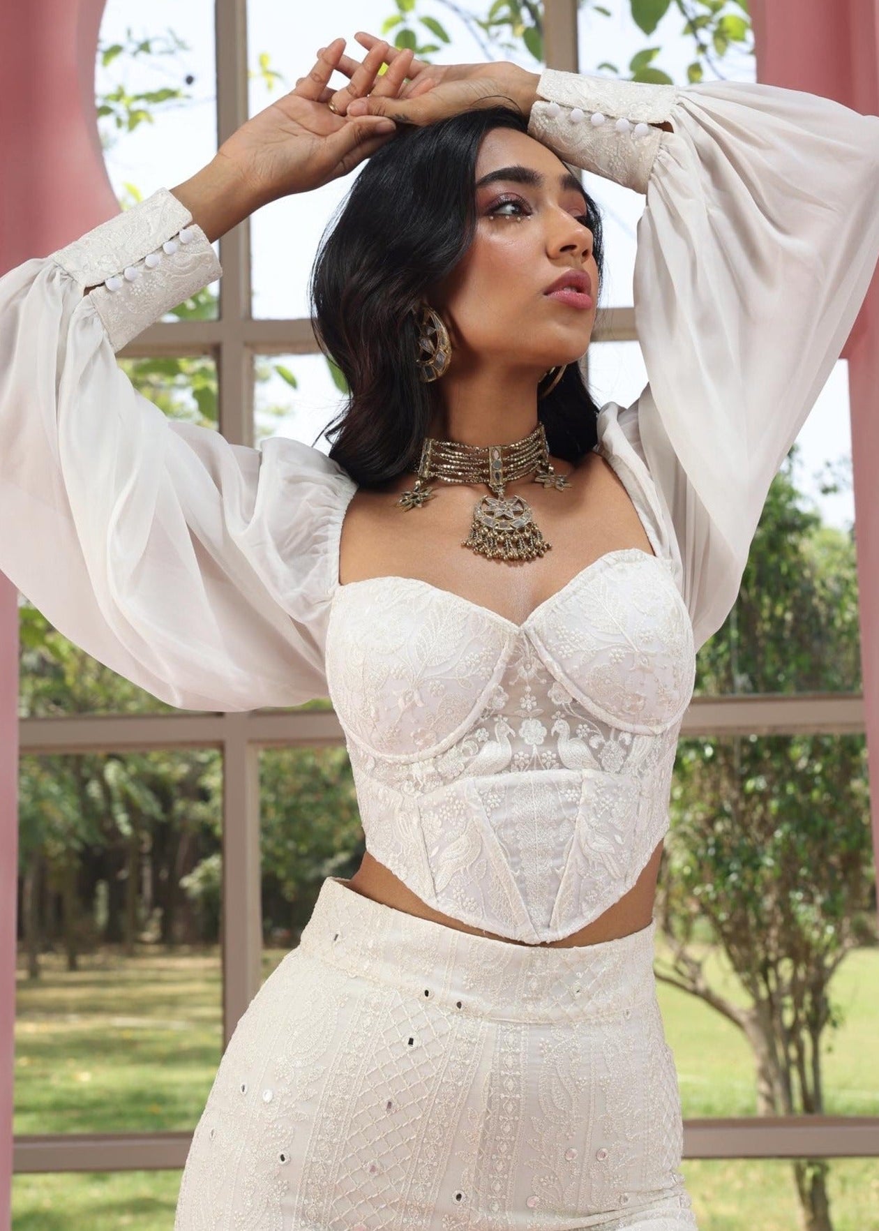 Buy Our Ruhiya White Embroidered Georgette Corset Top
