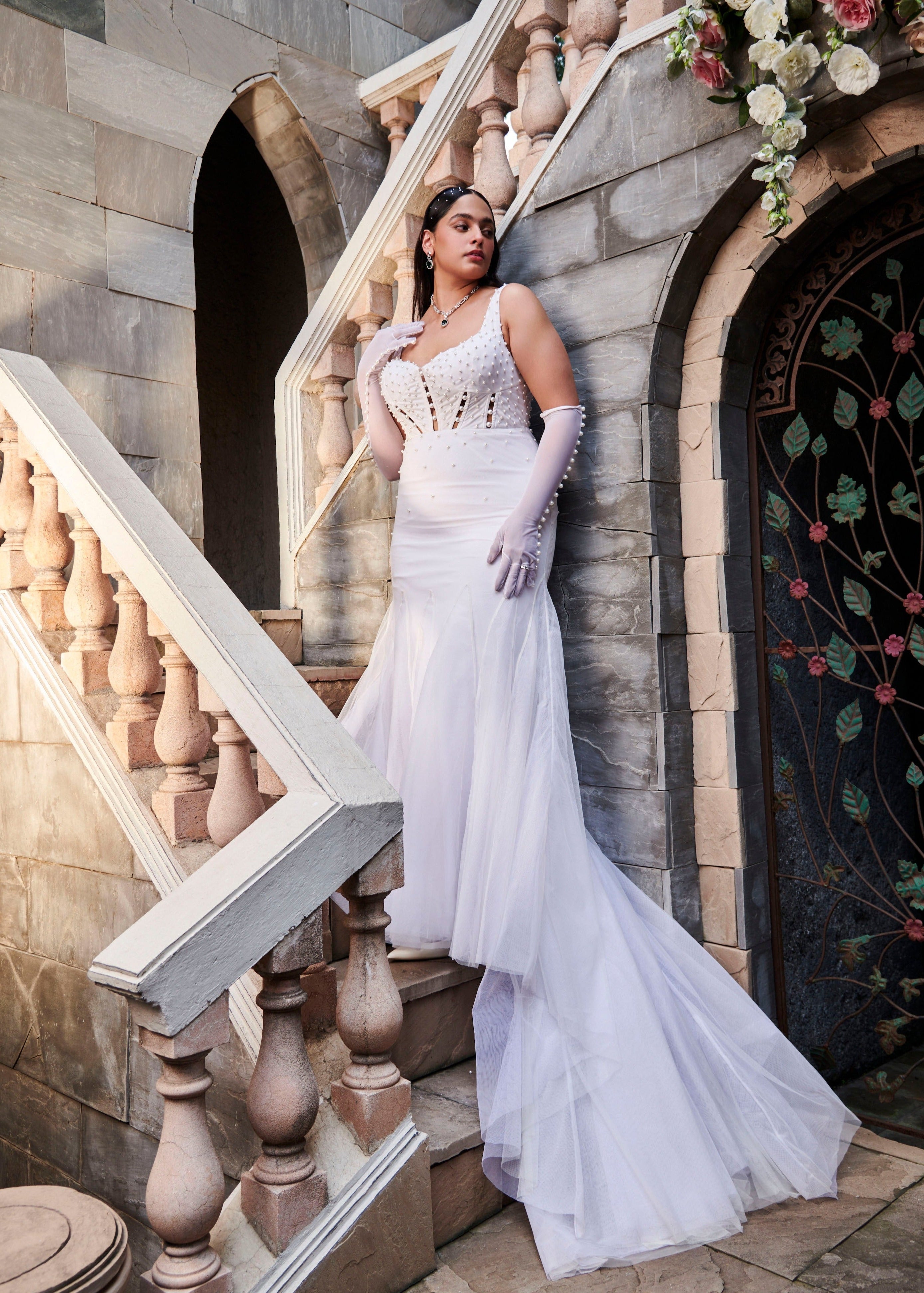 Pearl embroided gown with gloves