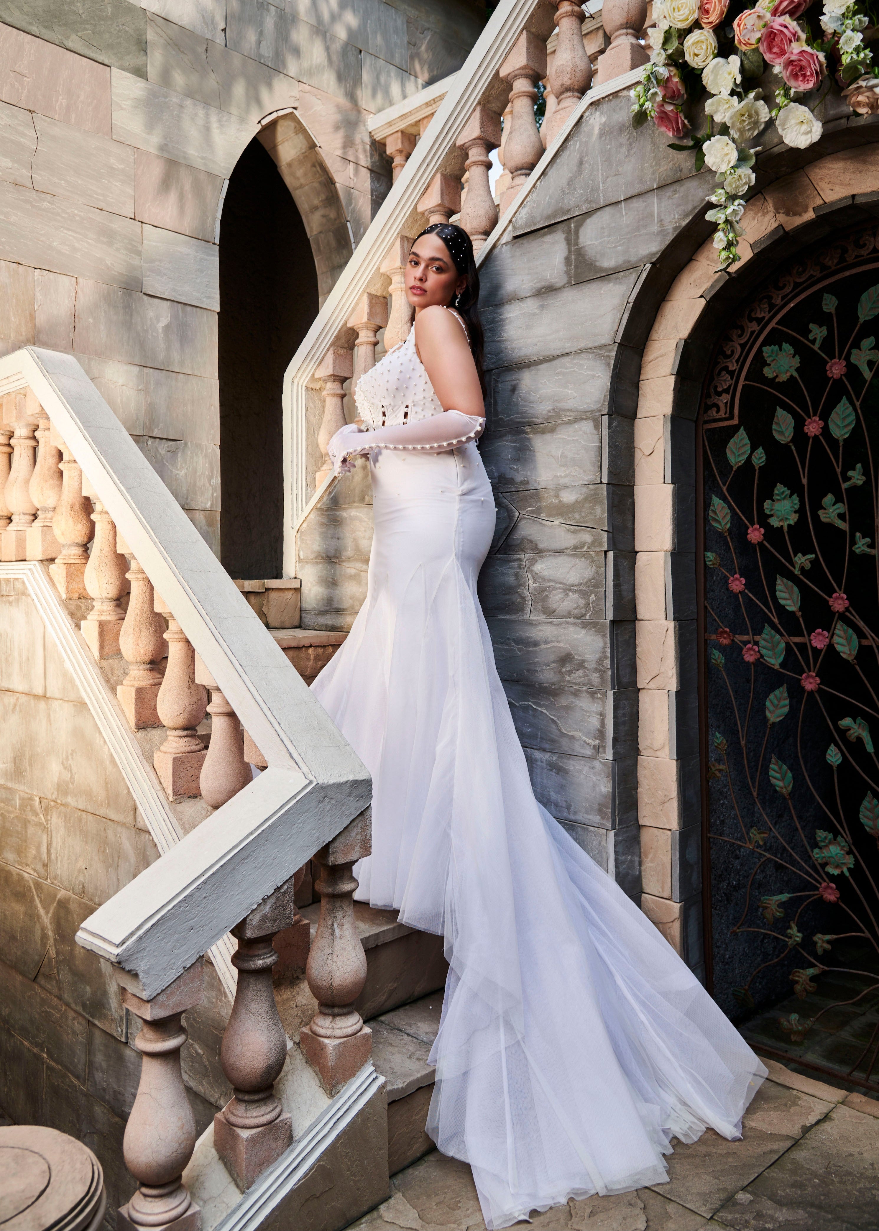 Pearl embroided gown with gloves