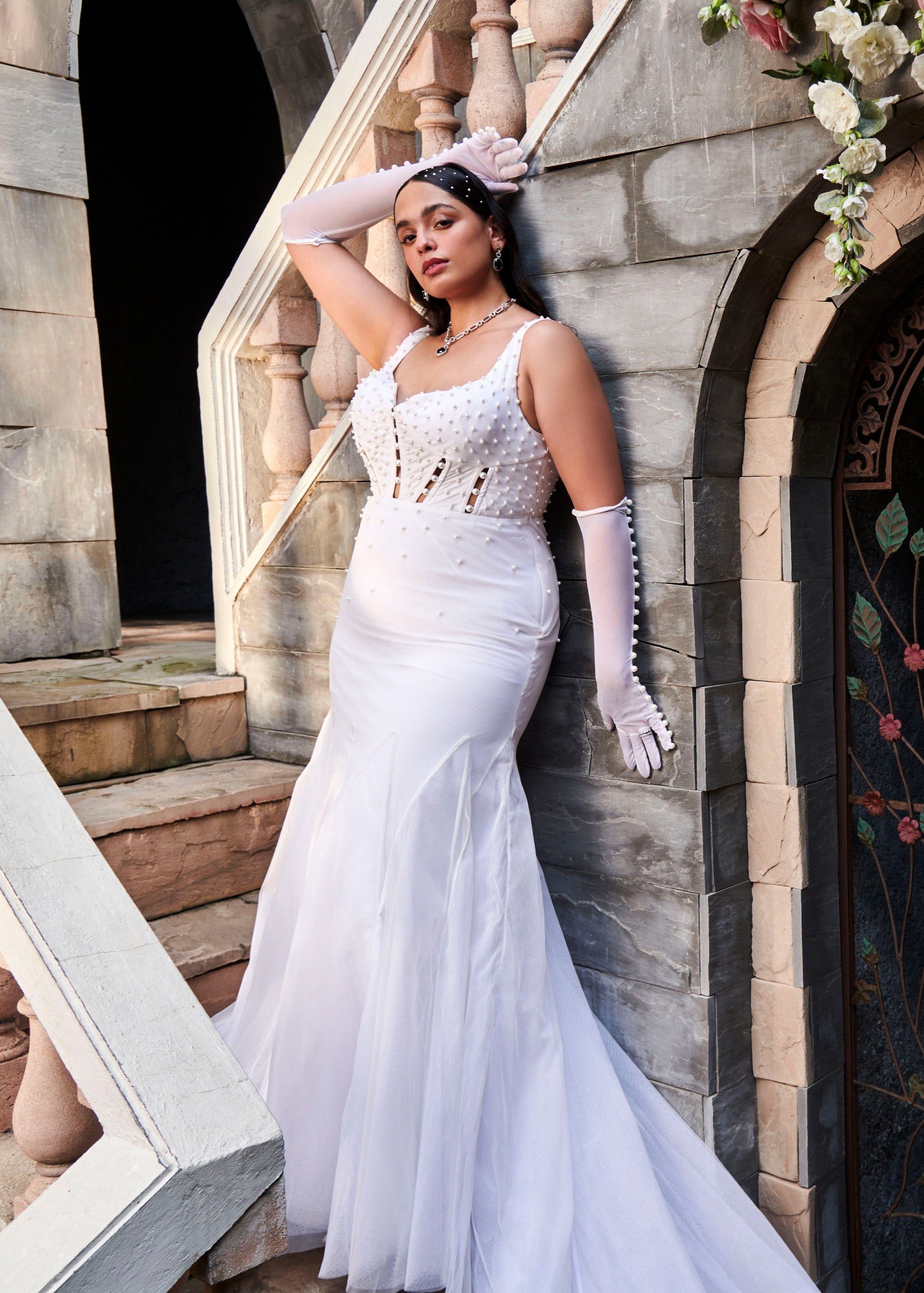 Pearl embroided gown with gloves