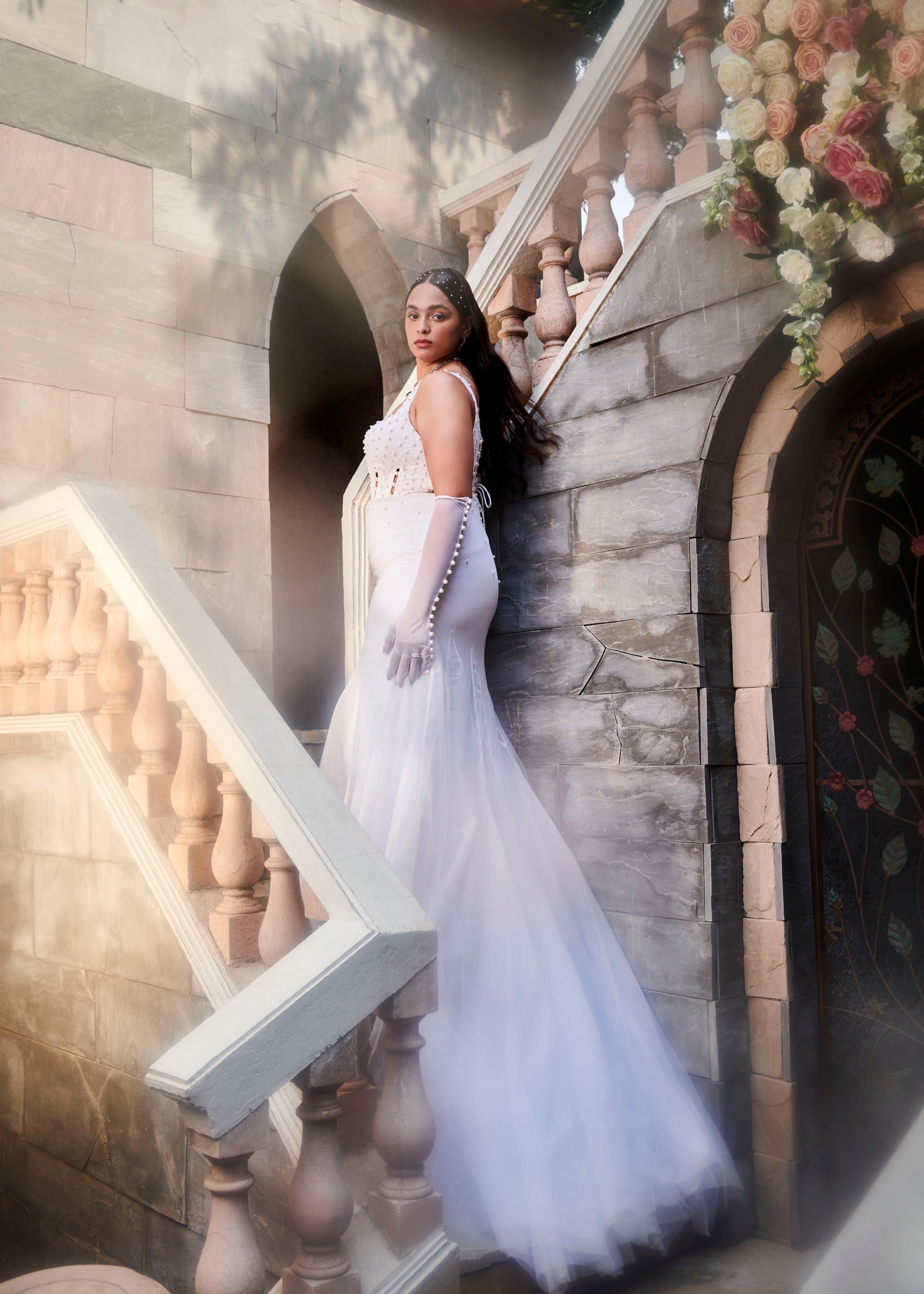 Pearl embroided gown with gloves