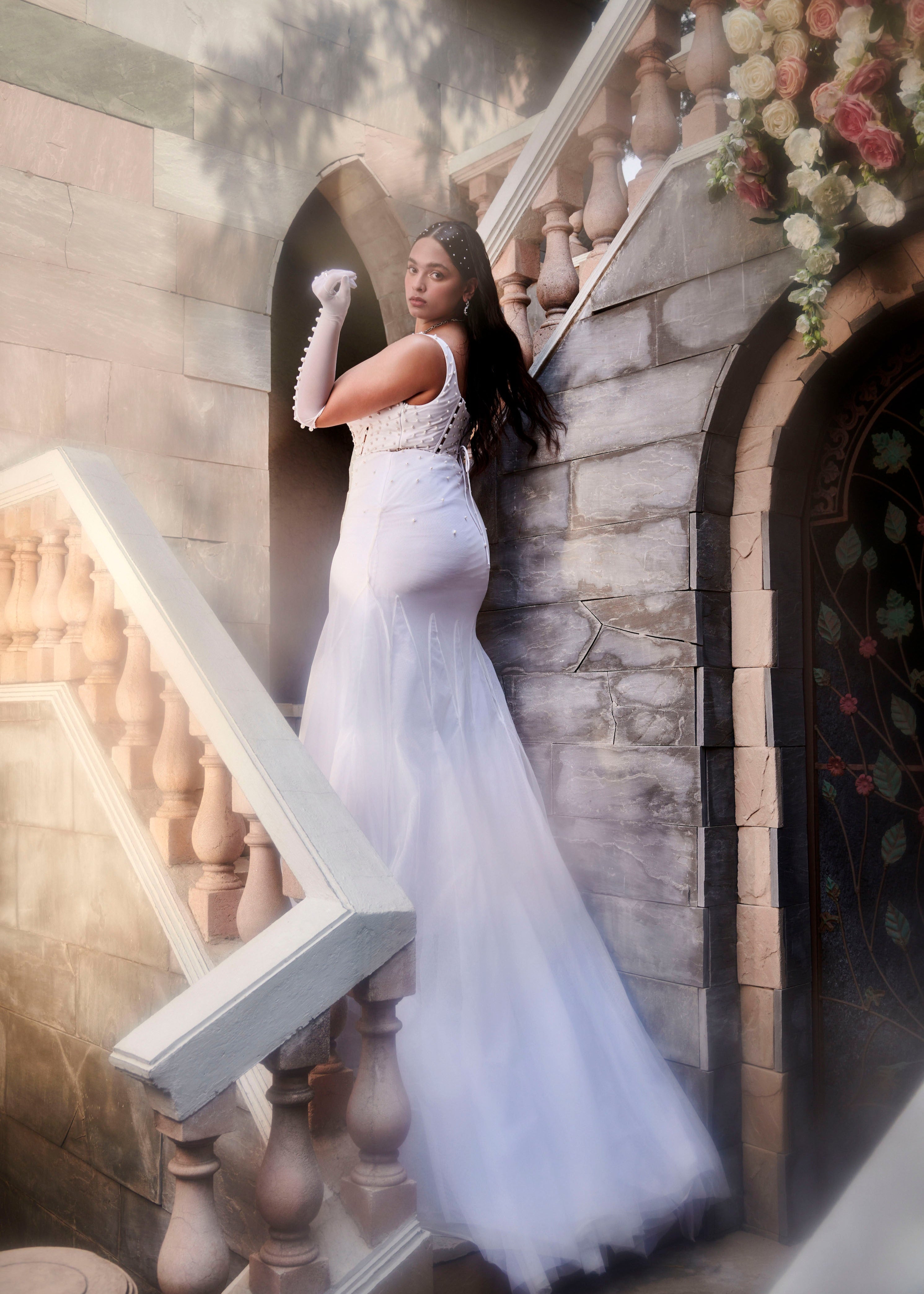 Pearl embroided gown with gloves