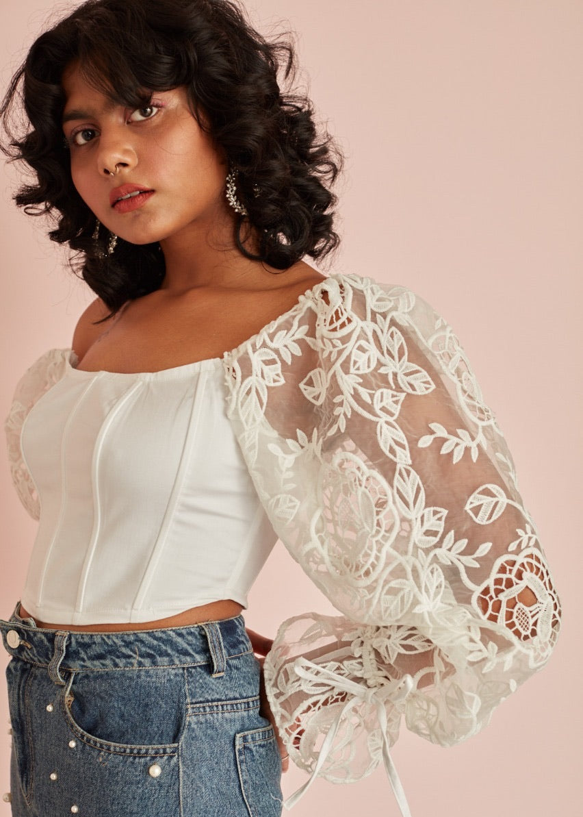 Sasha Embroidered Organza Sleeve Corset Top