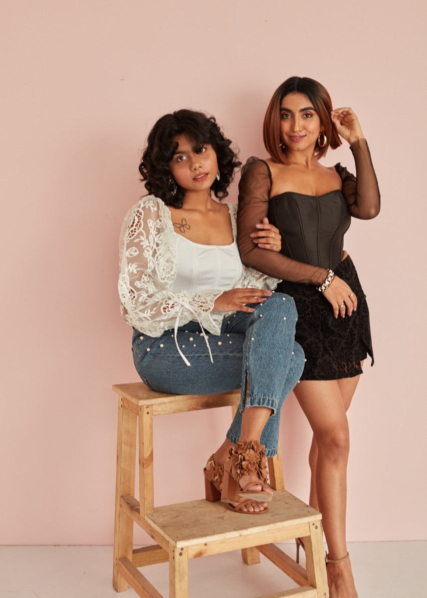 Sasha Embroidered Organza Sleeve Corset Top