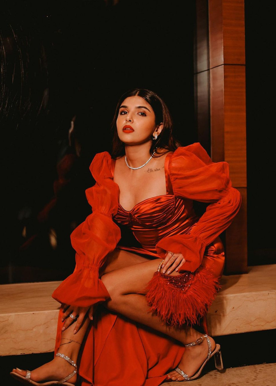 Scarlet Red Satin Puff Sleeve Bustier Gown with a striking red satin fabric, puff sleeves, and a bustier-style bodice