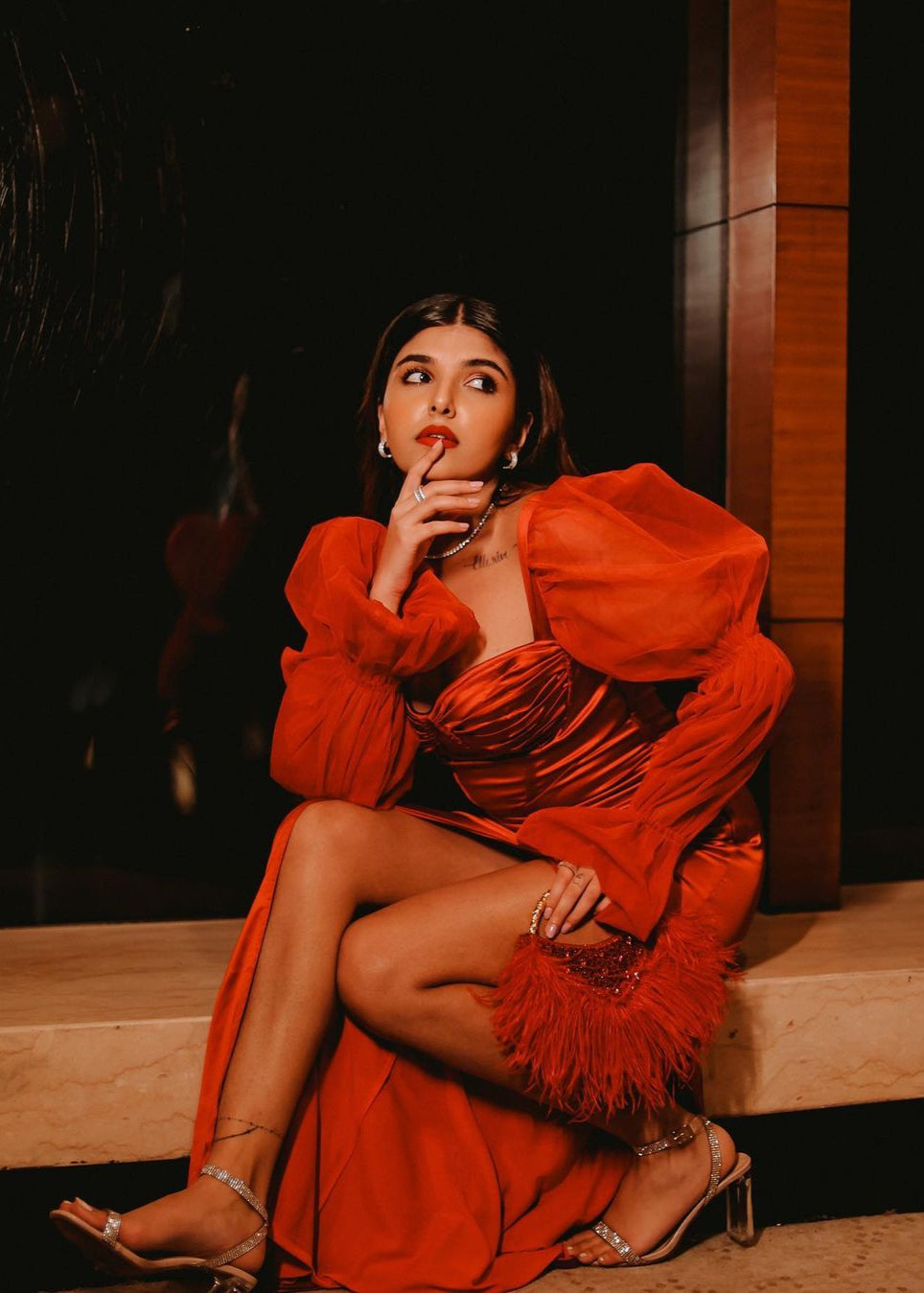 Scarlet Red Satin Puff Sleeve Bustier Gown with a striking red satin fabric, puff sleeves, and a bustier-style bodice