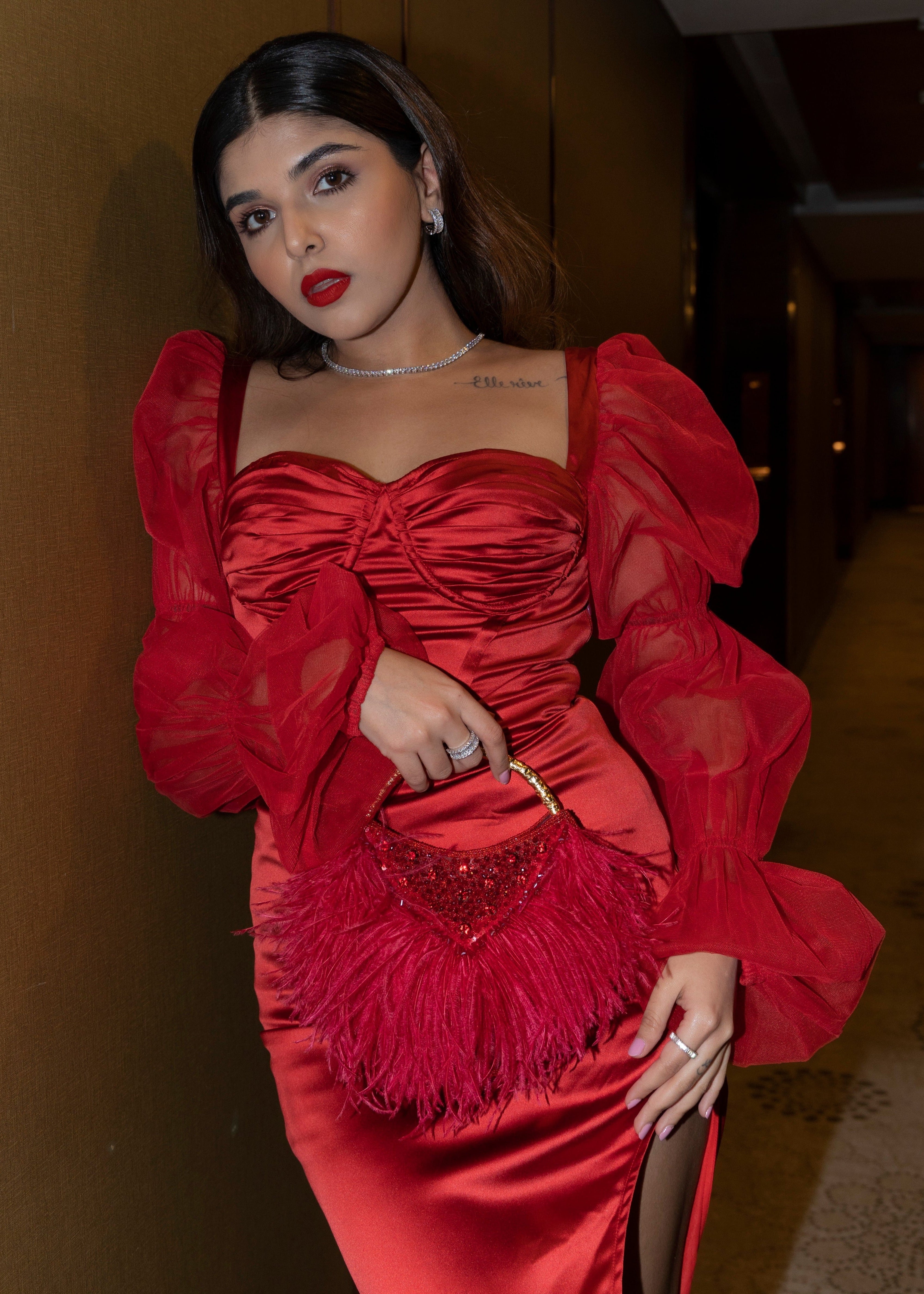 Scarlet Red Satin Puff Sleeve Bustier Gown with a striking red satin fabric, puff sleeves, and a bustier-style bodice
