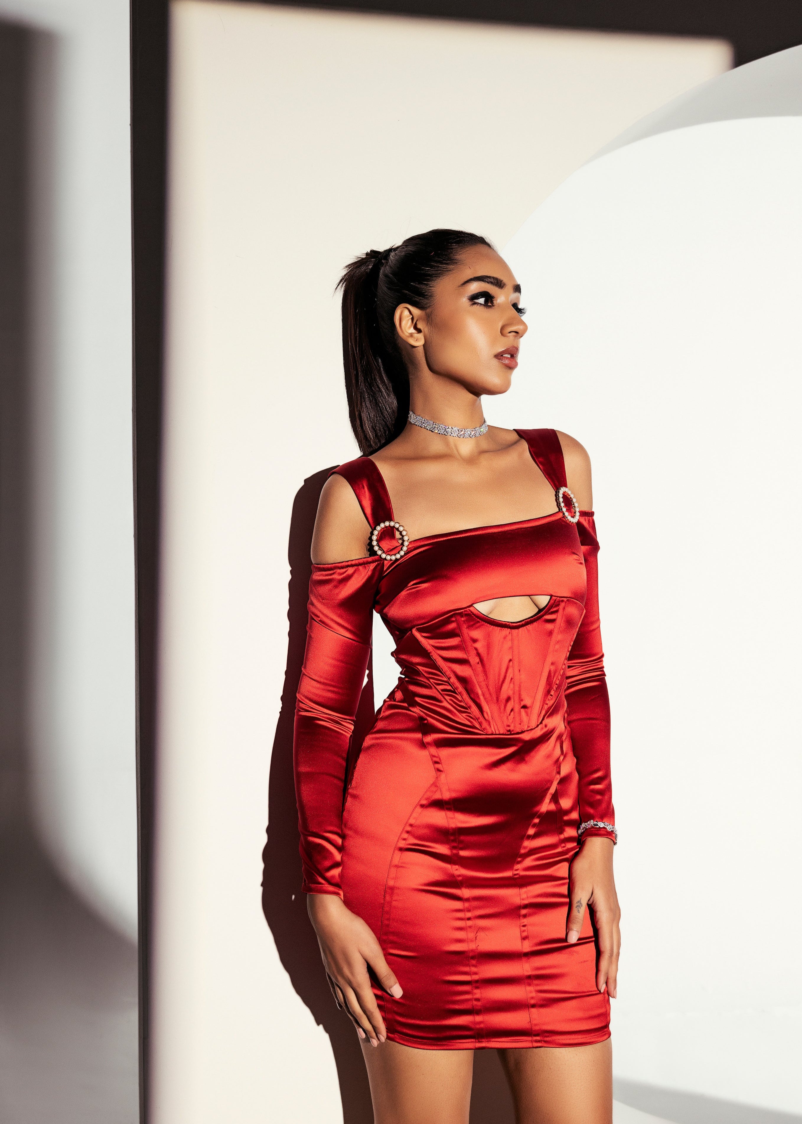 Sofia Red Stretch Satin Corset Mini Dress