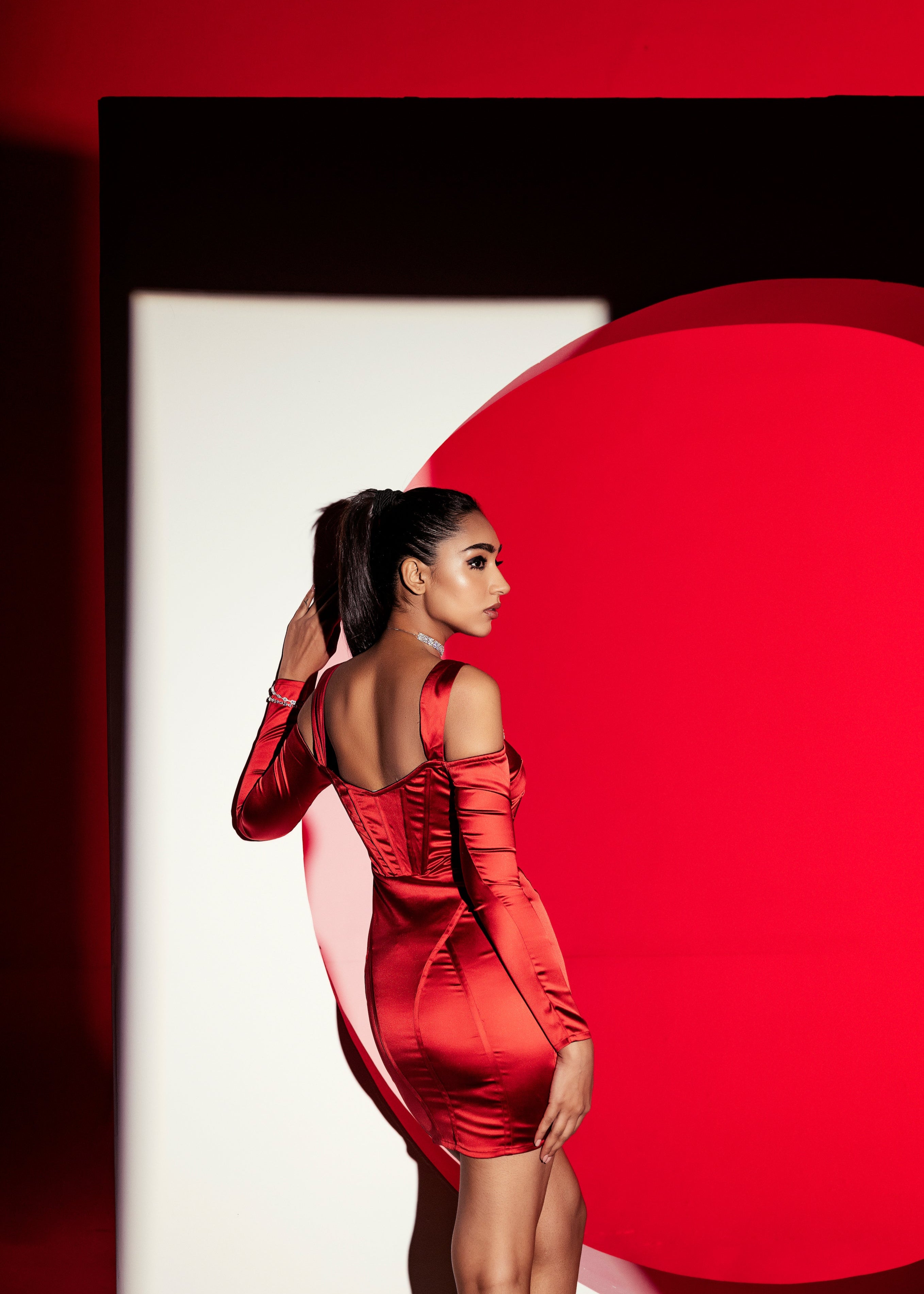 Sofia Red Stretch Satin Corset Mini Dress