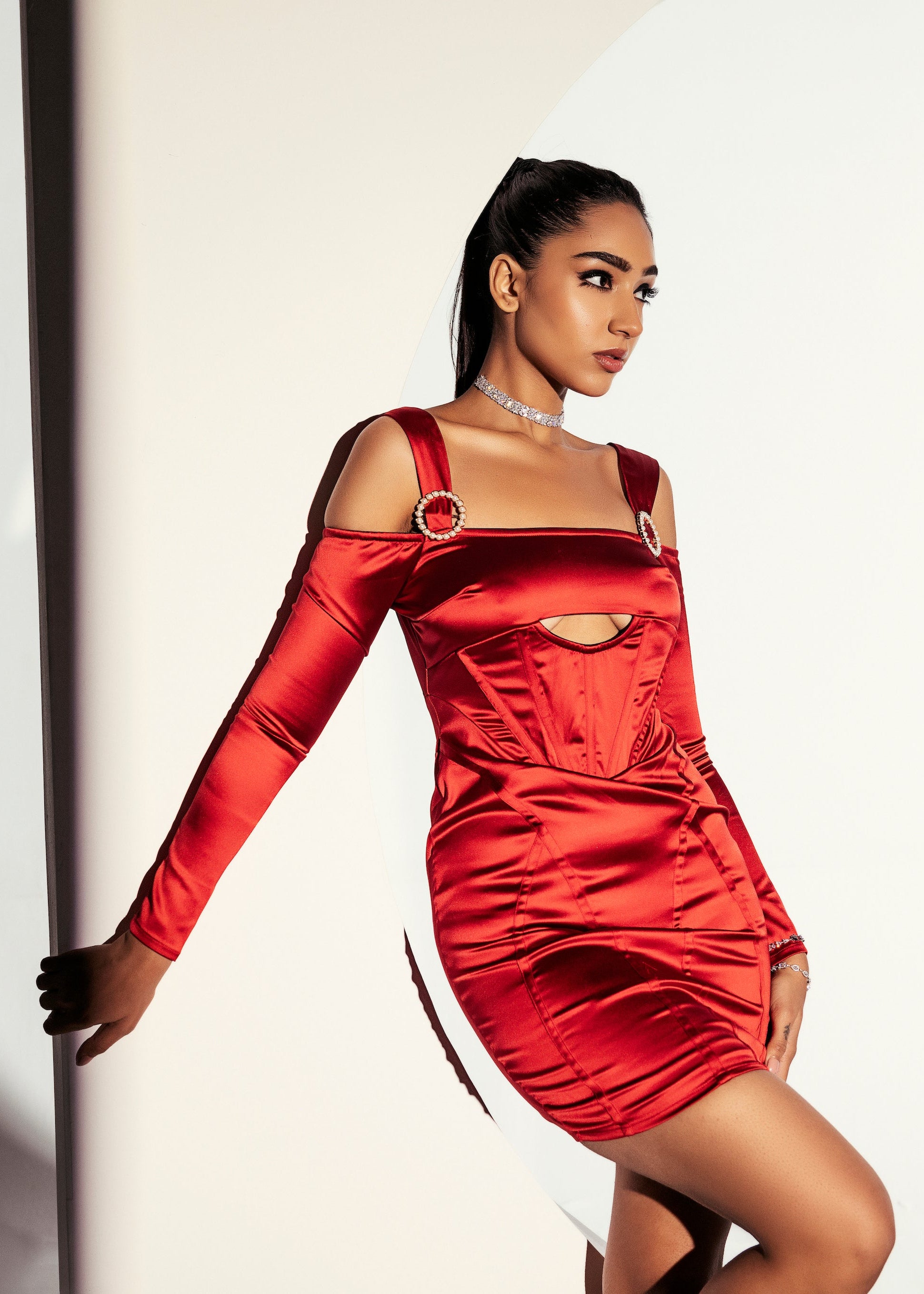 Sofia Red Stretch Satin Corset Mini Dress