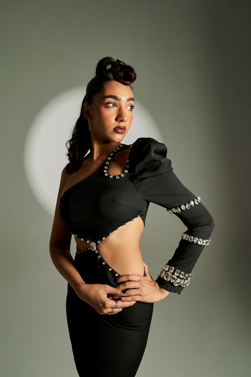 Elara Black Hand-Embellished Cutout One-Shoulder Mini Dress