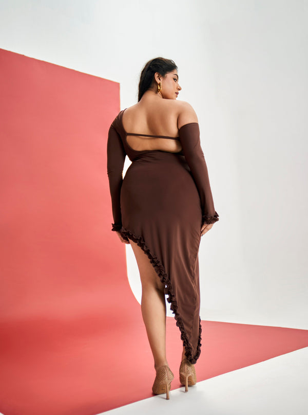 Zena Brown Spandex Asymmetrical Dress
