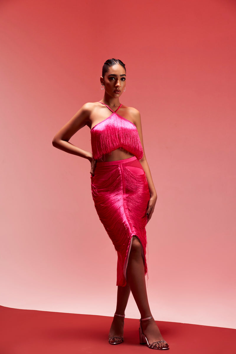 Buy Fuchsia Pink Tassel Halter Top and Midi Skirt Set