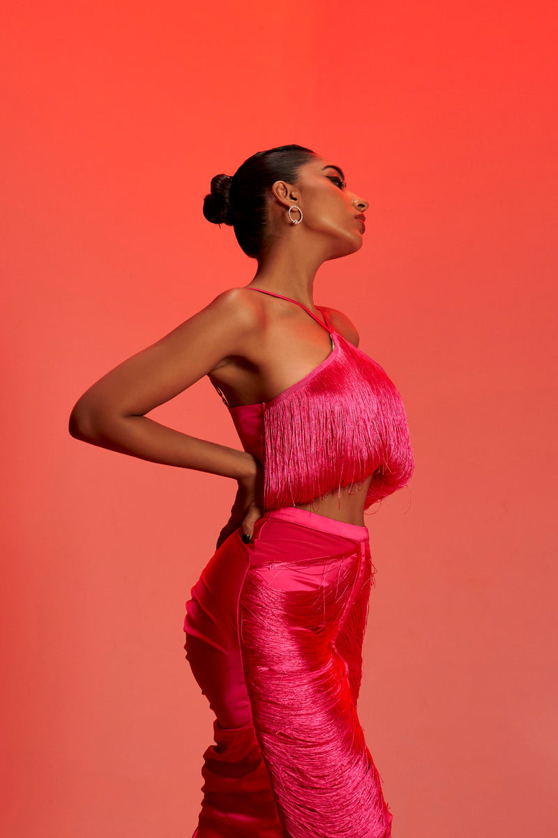 Buy Fuchsia Pink Tassel Halter Top and Midi Skirt Set