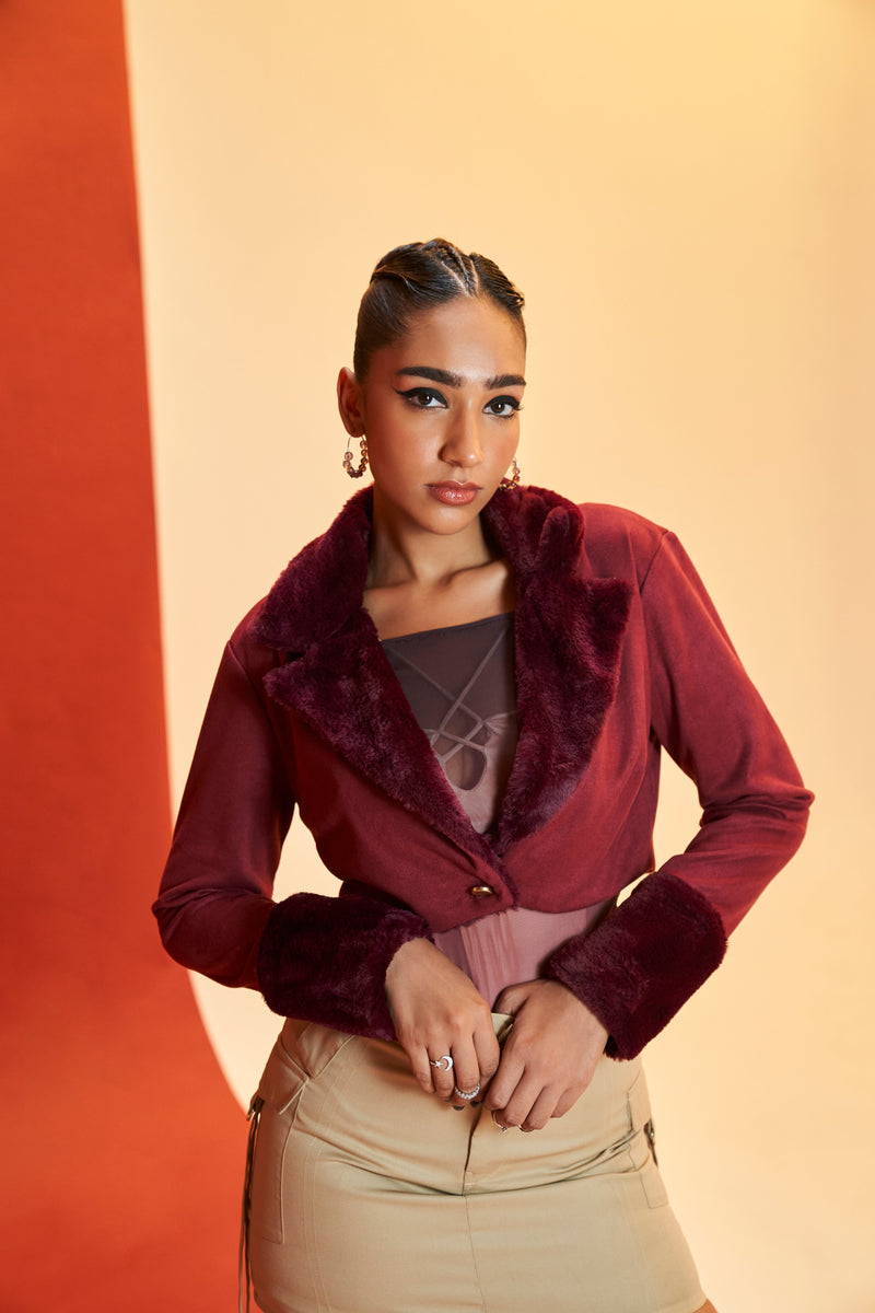 Katherine Burgundy Cropped Faux Fur and Suede Jacket