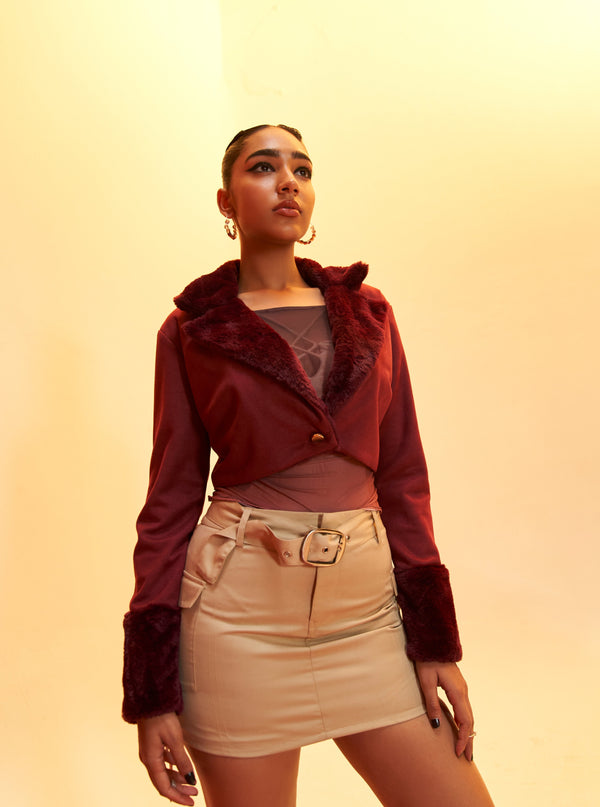 Katherine Burgundy Cropped Faux Fur and Suede Jacket