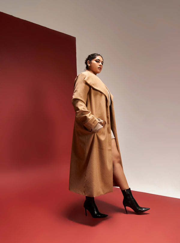 Brisa Camel Long Overcoat with Snap Button Detailing