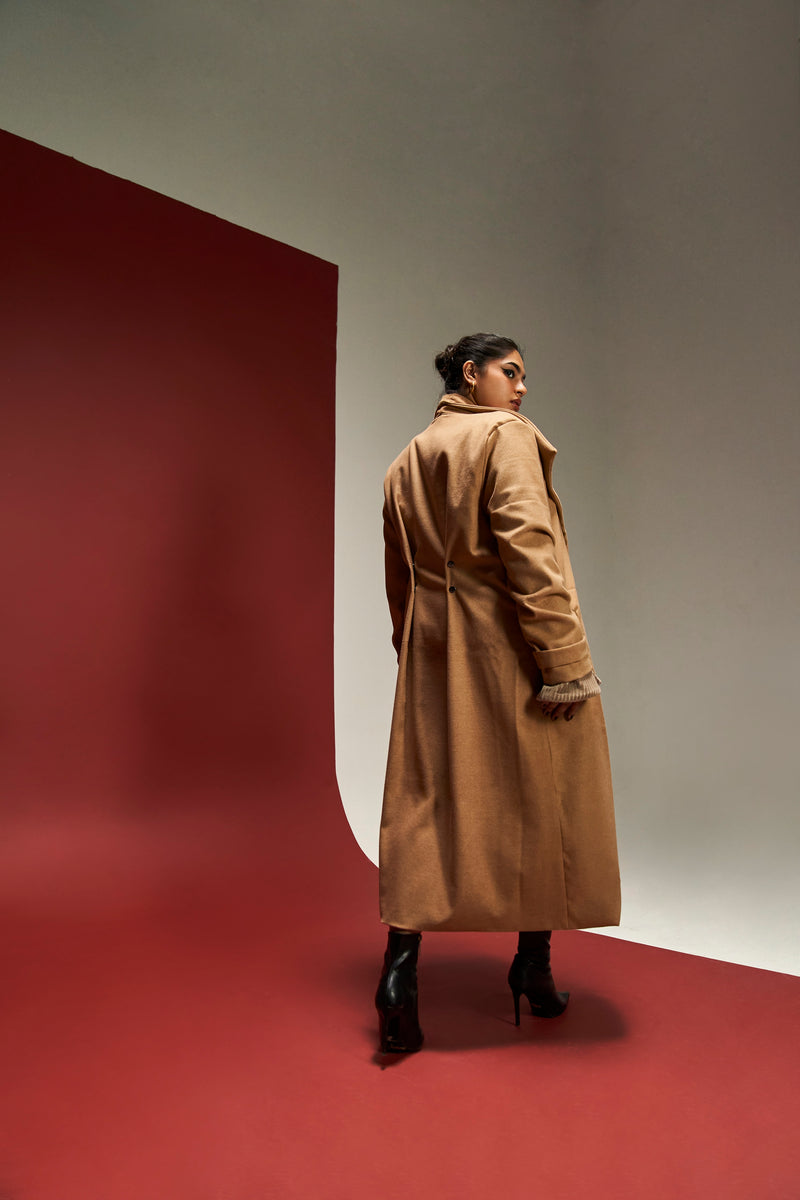 Brisa Camel Long Overcoat with Snap Button Detailing