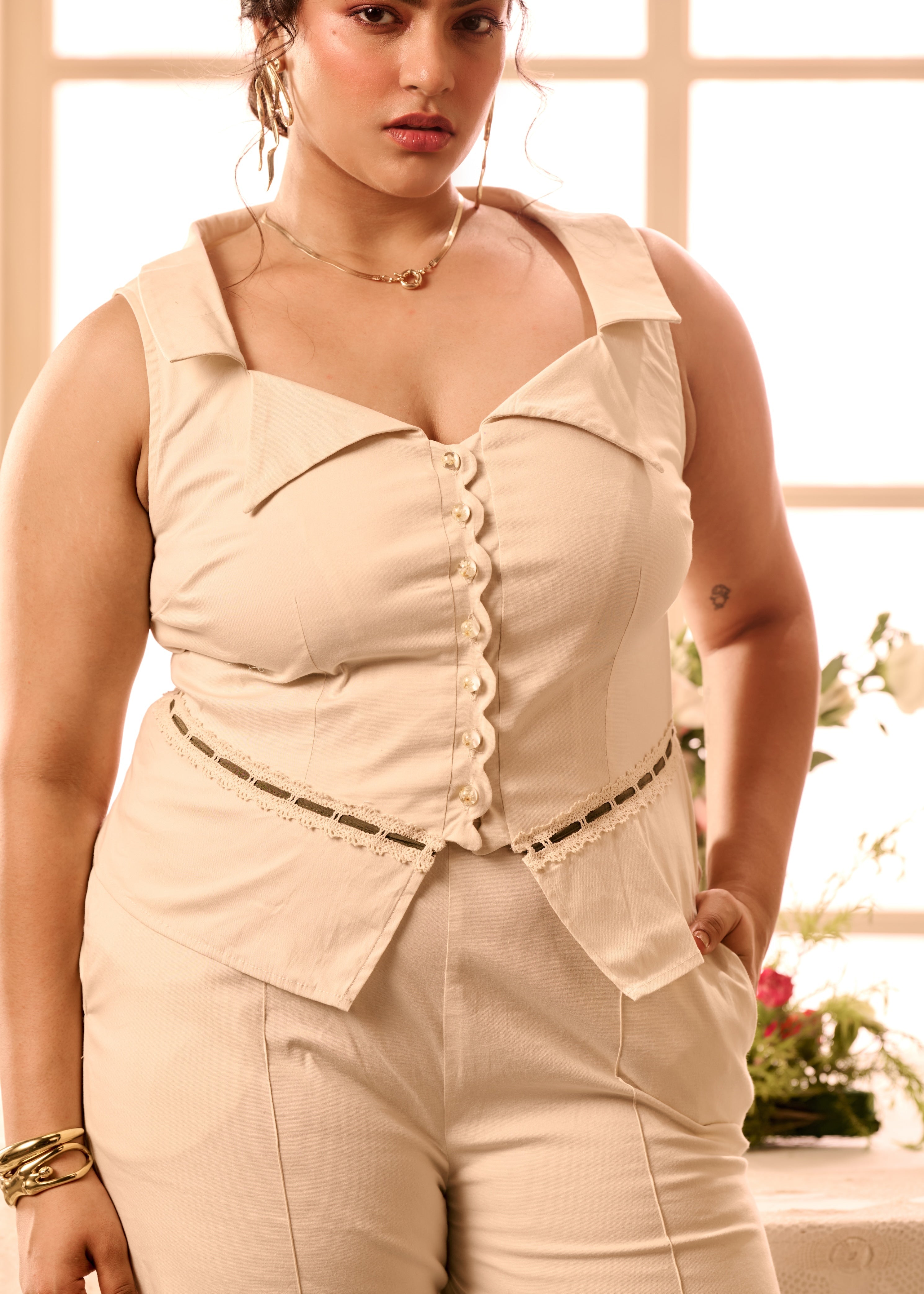 Femi Beige Tailored Shirt and Wide-Leg Pant Set
