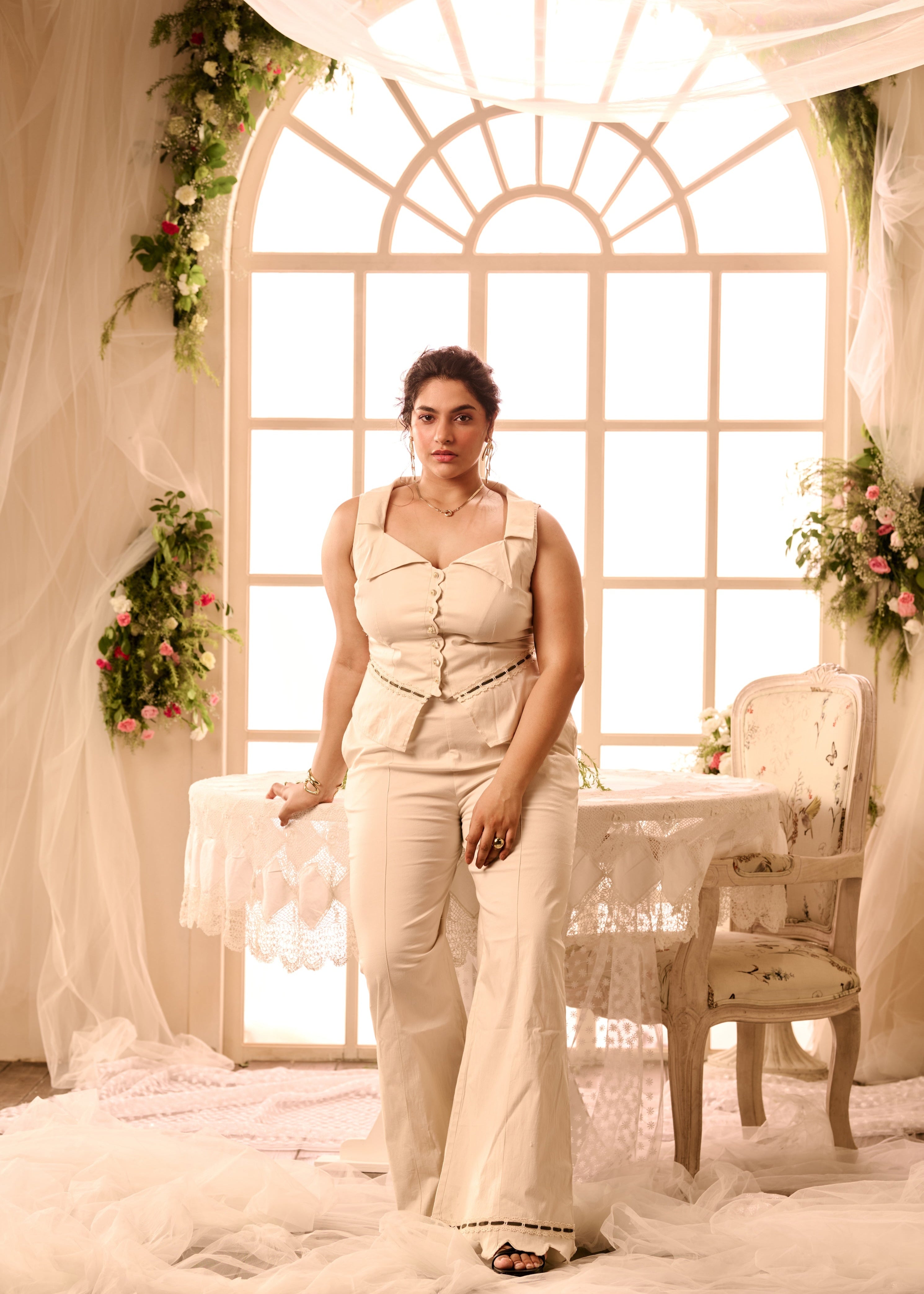 Femi Beige Tailored Shirt and Wide-Leg Pant Set
