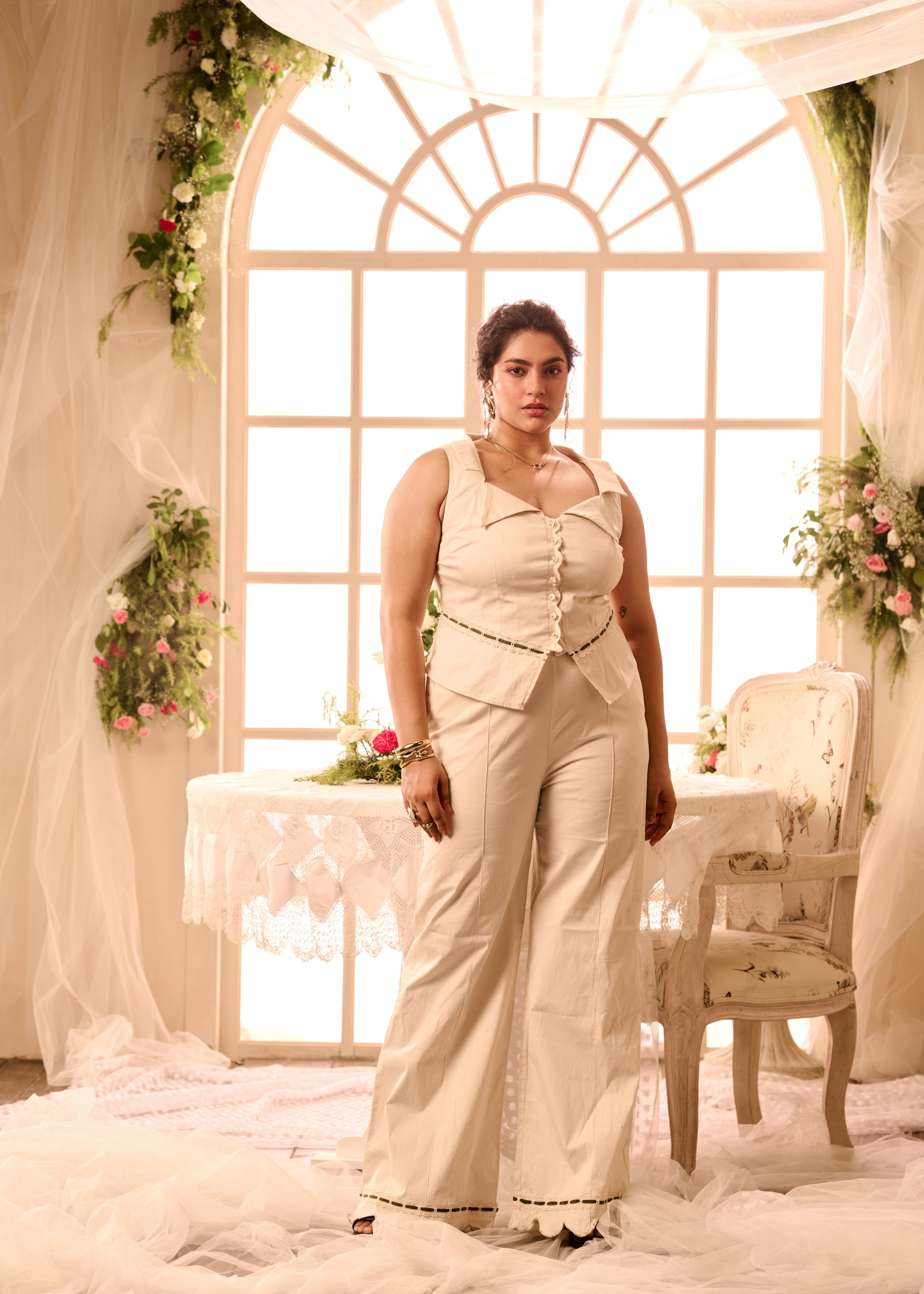 Femi Beige Tailored Shirt and Wide-Leg Pant Set
