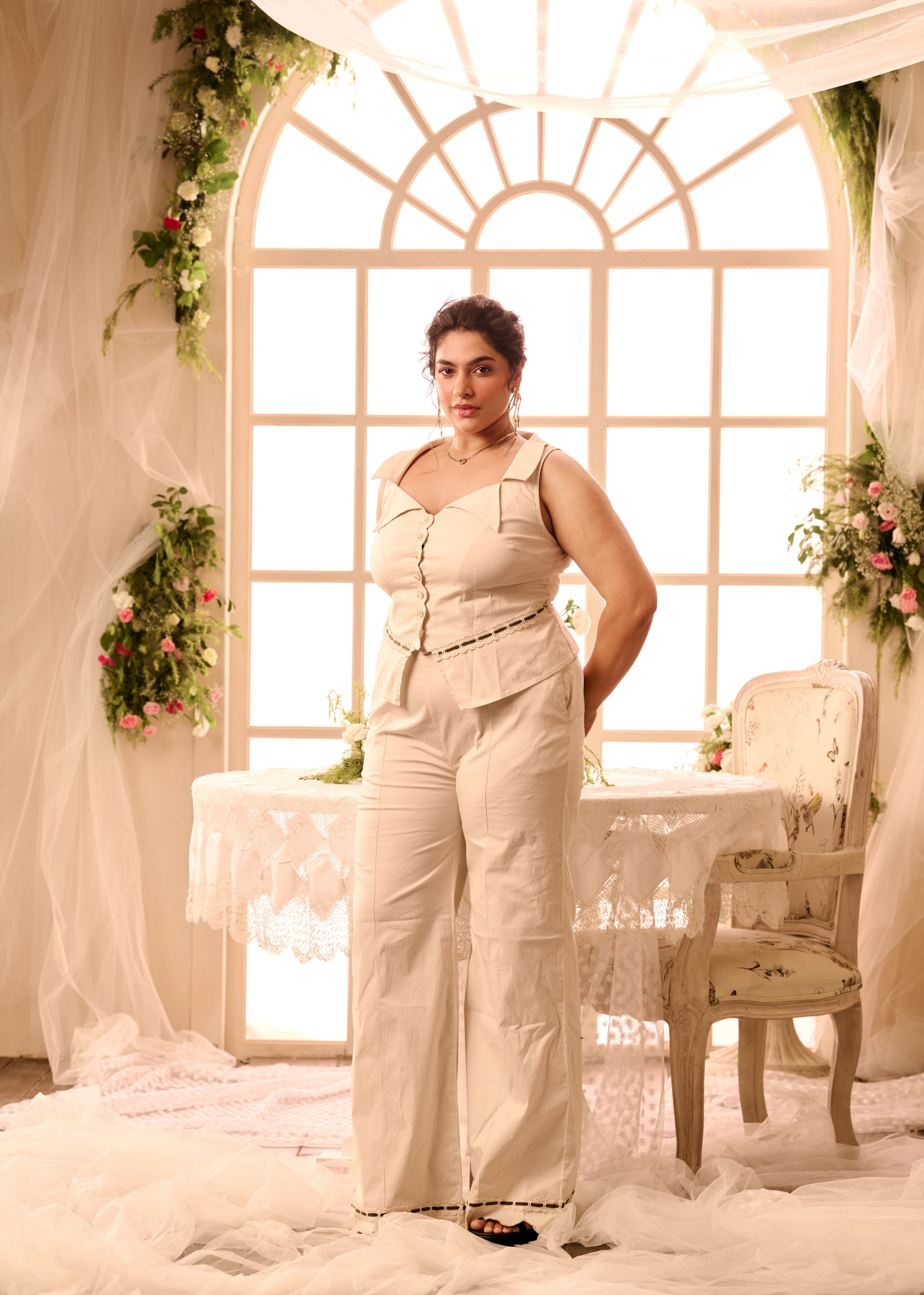 Femi Beige Tailored Shirt and Wide-Leg Pant Set
