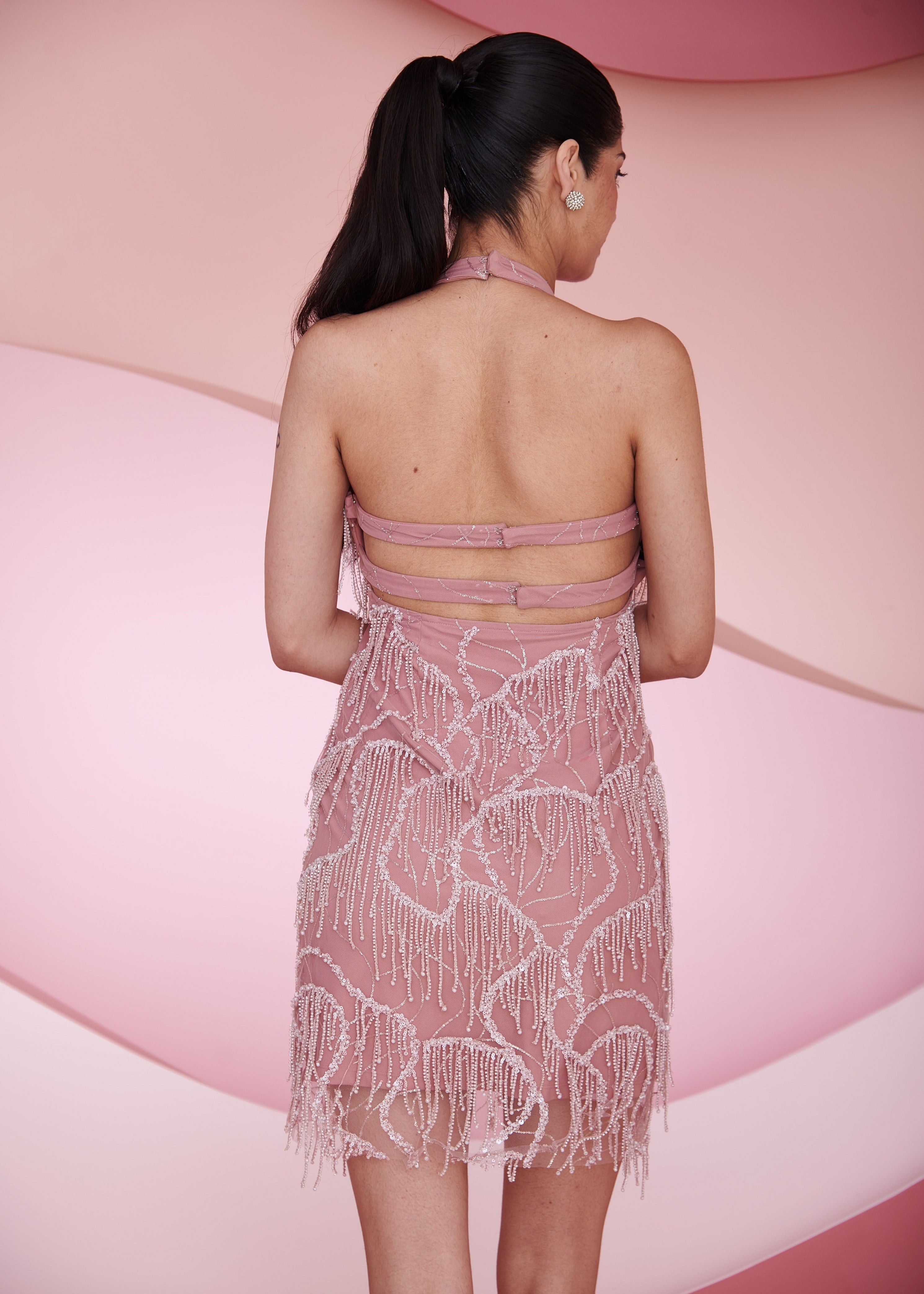 Florence mauve pink halter neck embroidered mini dress featuring elegant embroidery and a stylish halter neck design, perfect for sophisticated occasions.