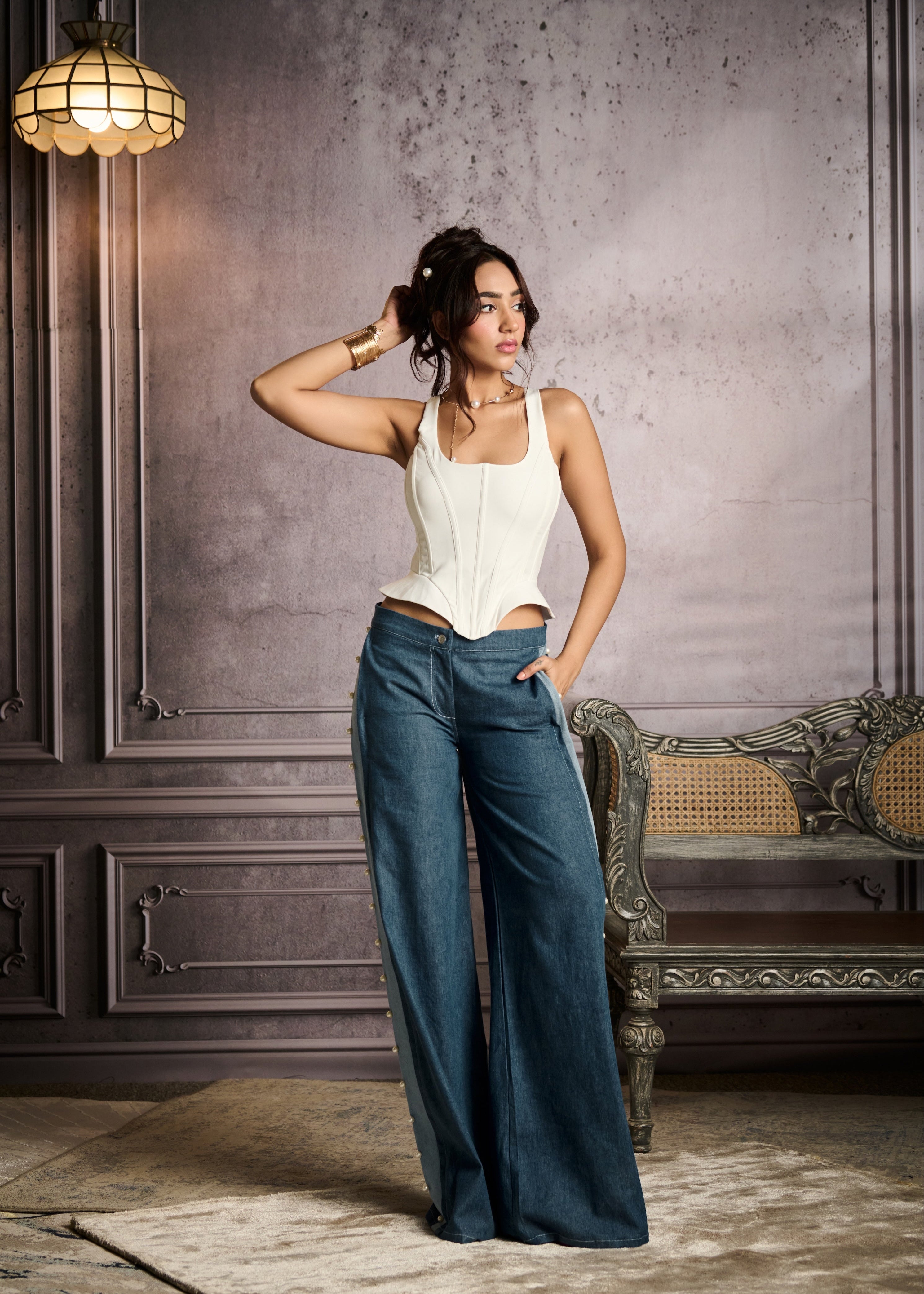 Hela Dual Tone Pearl Embroidered Low-Rise Jeans
