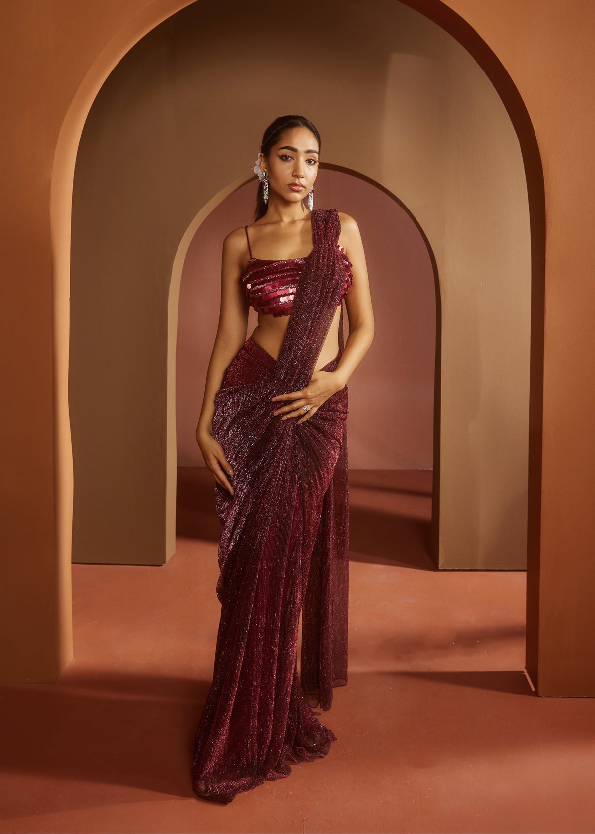 Humaida Maroon Shimmer Pre- Draped Saree Set