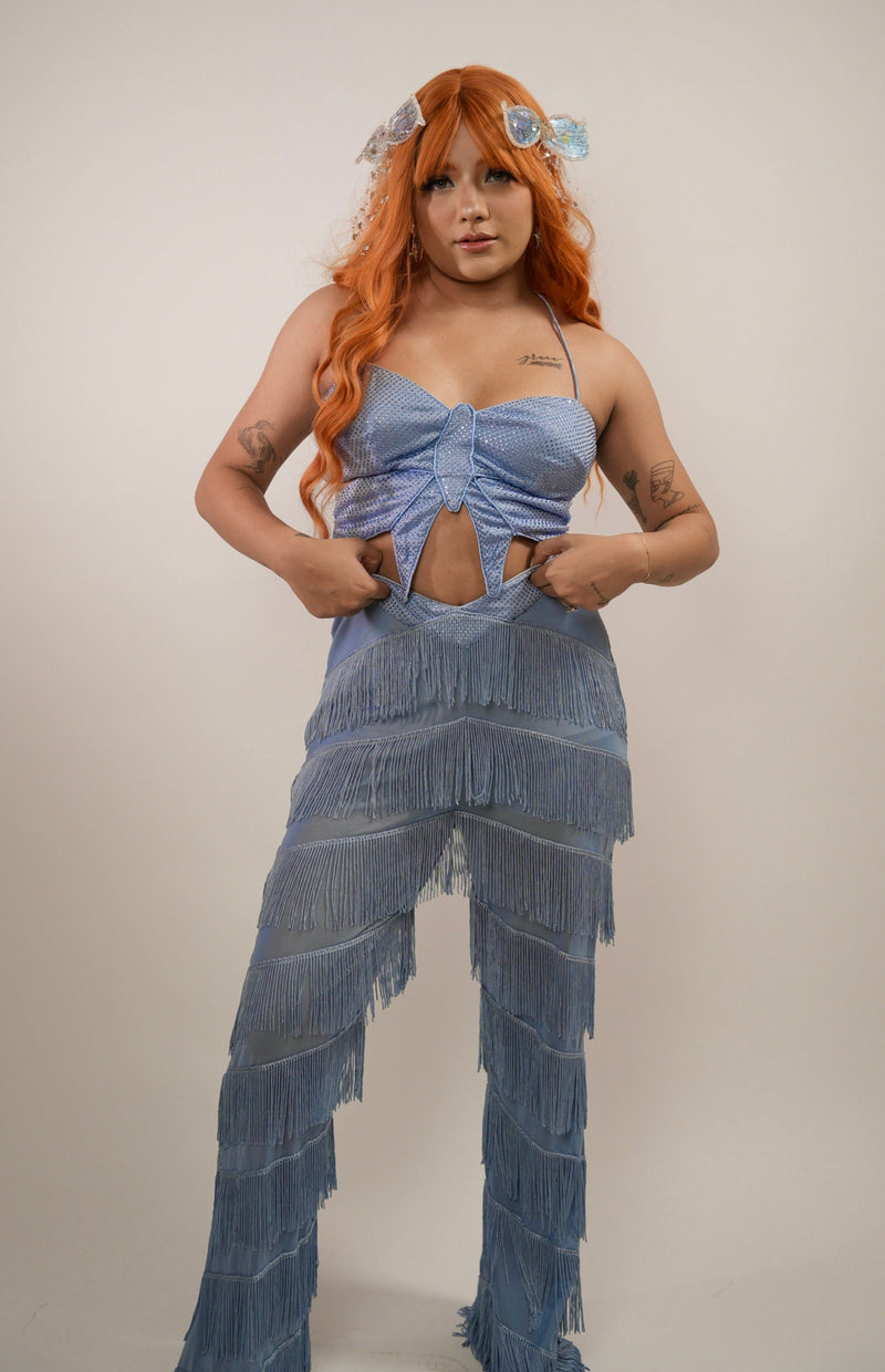 Shop Blue Butterfly Crop Top and Fringe Pants Coord Set