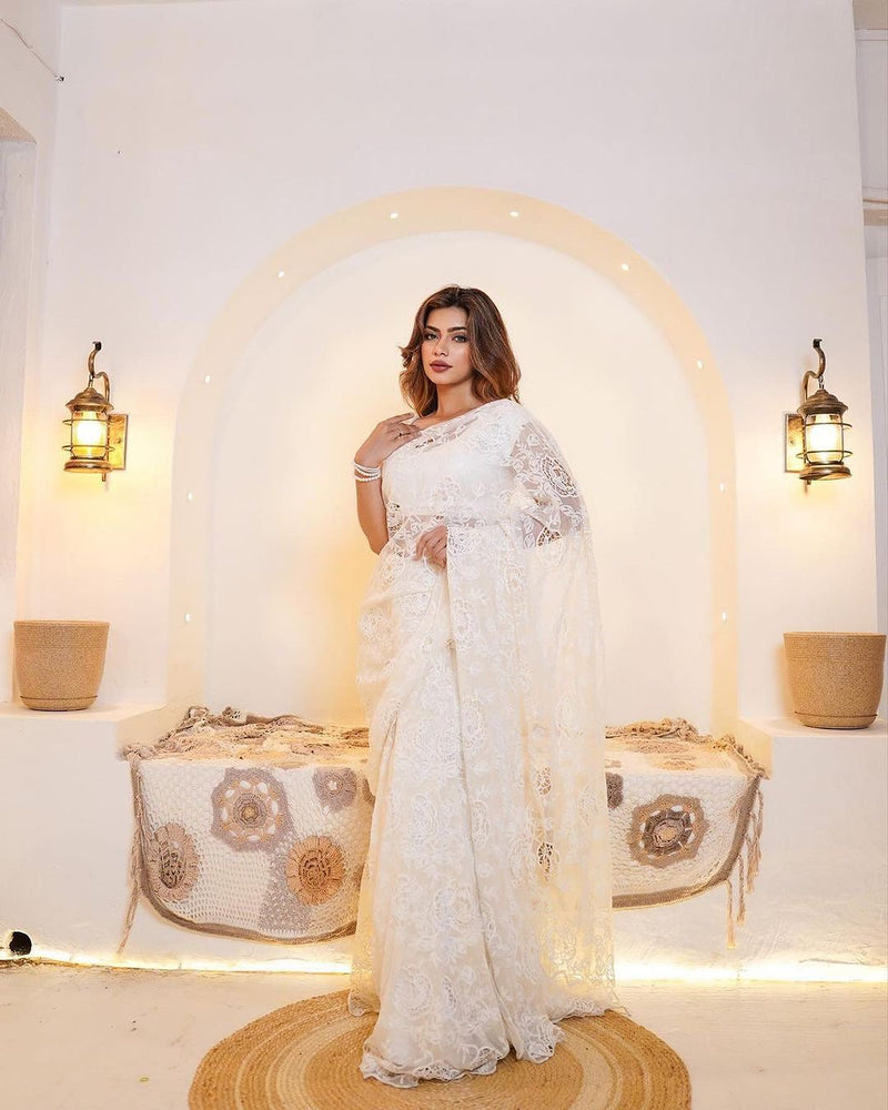 White Floral Embroidered Pre-Stitched Saree