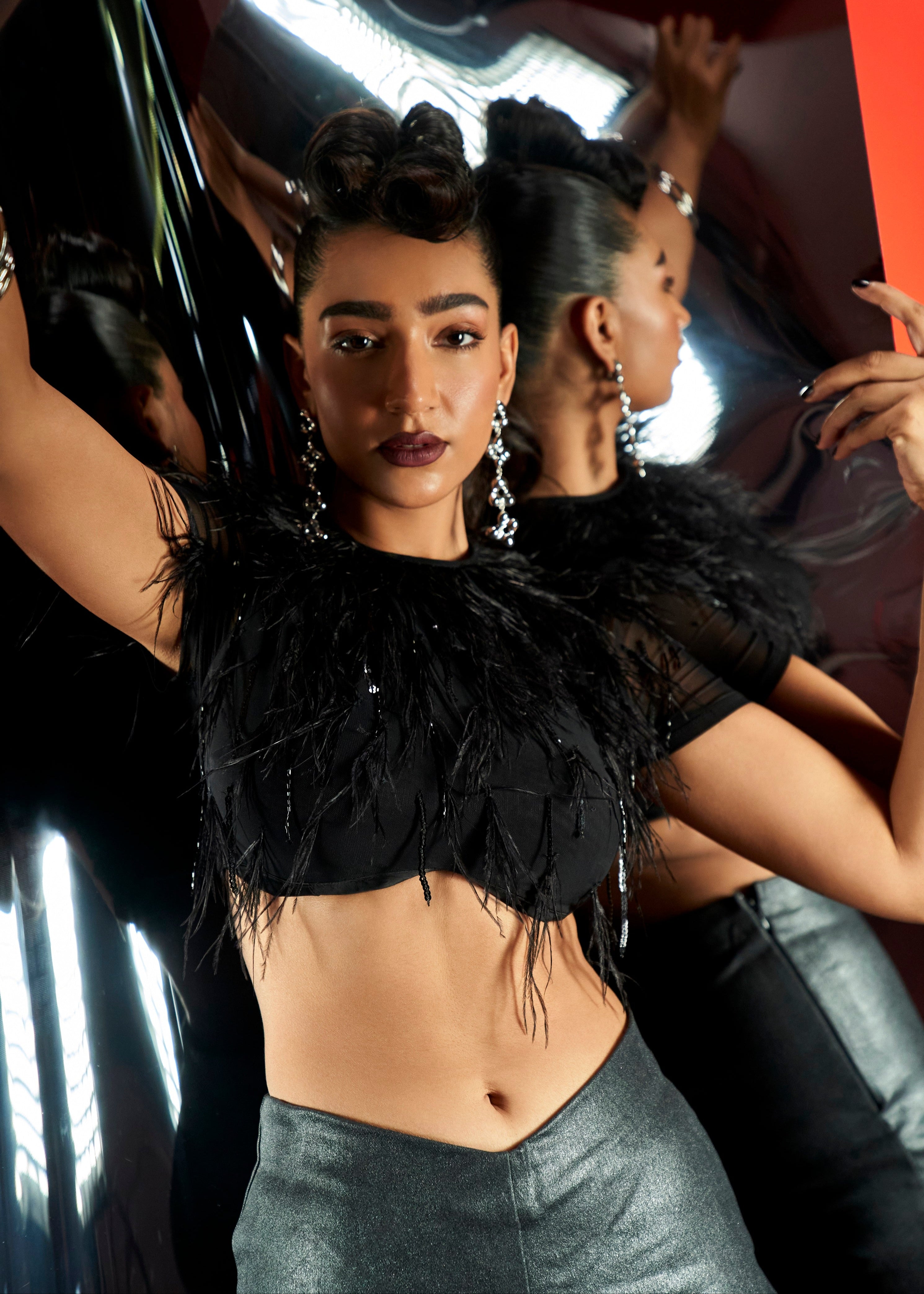 Isla Black Feather Embellished Crop Top & Pant Set featuring a feather-adorned crop top and matching pants